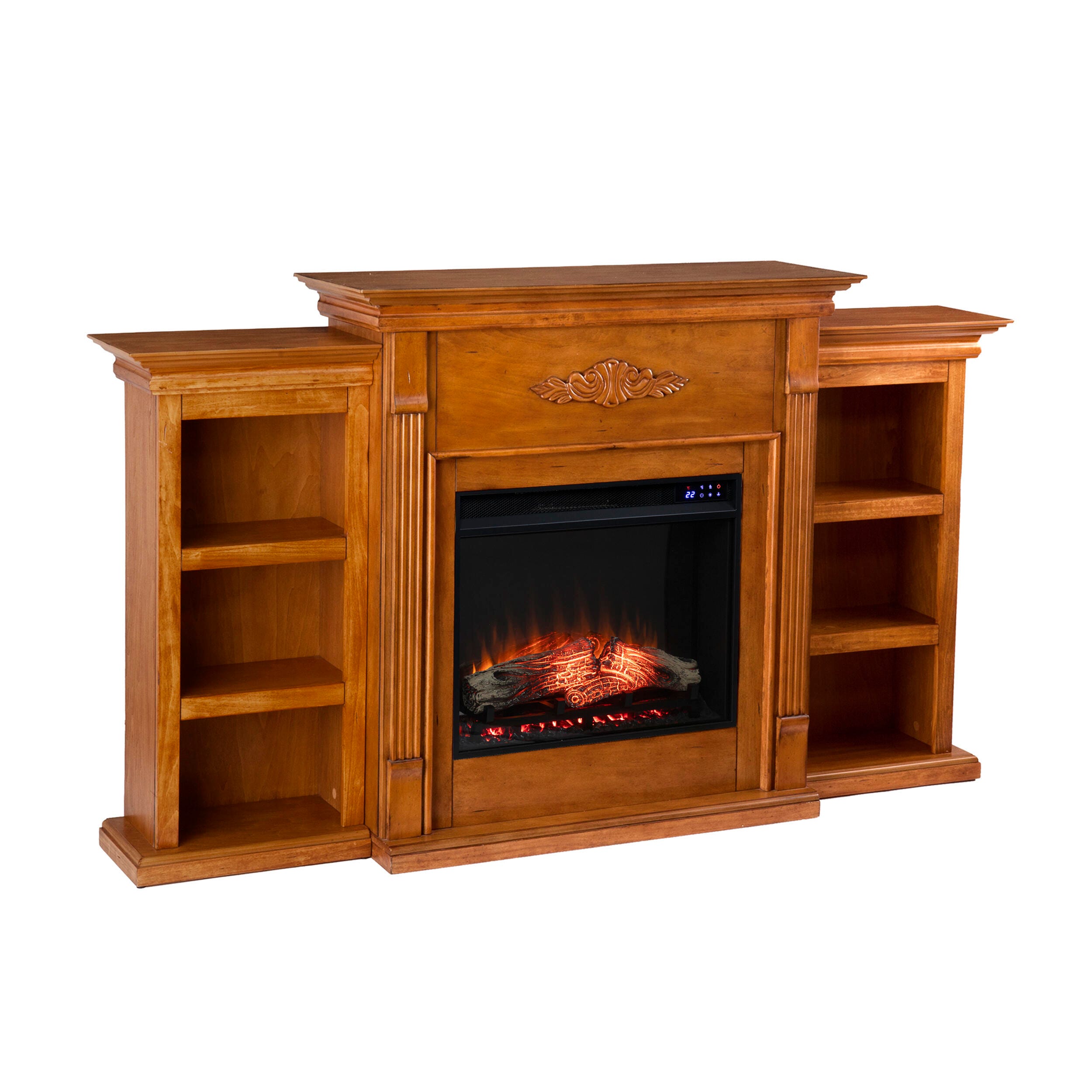 Southern Enterprises Harkdale Touch Screen Electric Fireplace with Bookcases, Glazed Pine, large
