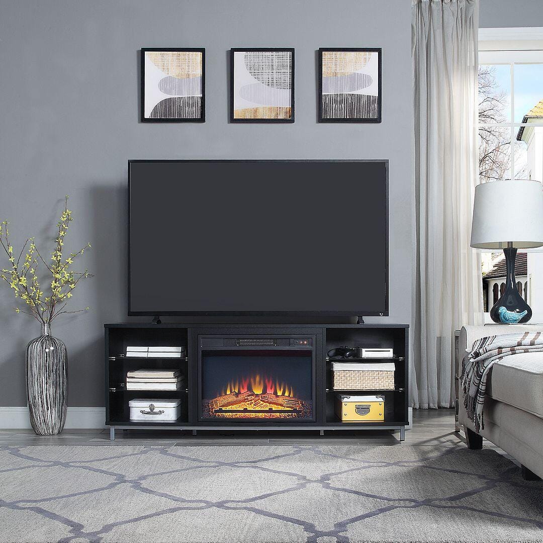 Manhattan Comfort Brighton 60" TV Stand with Electric Fireplace, Onyx, rollover