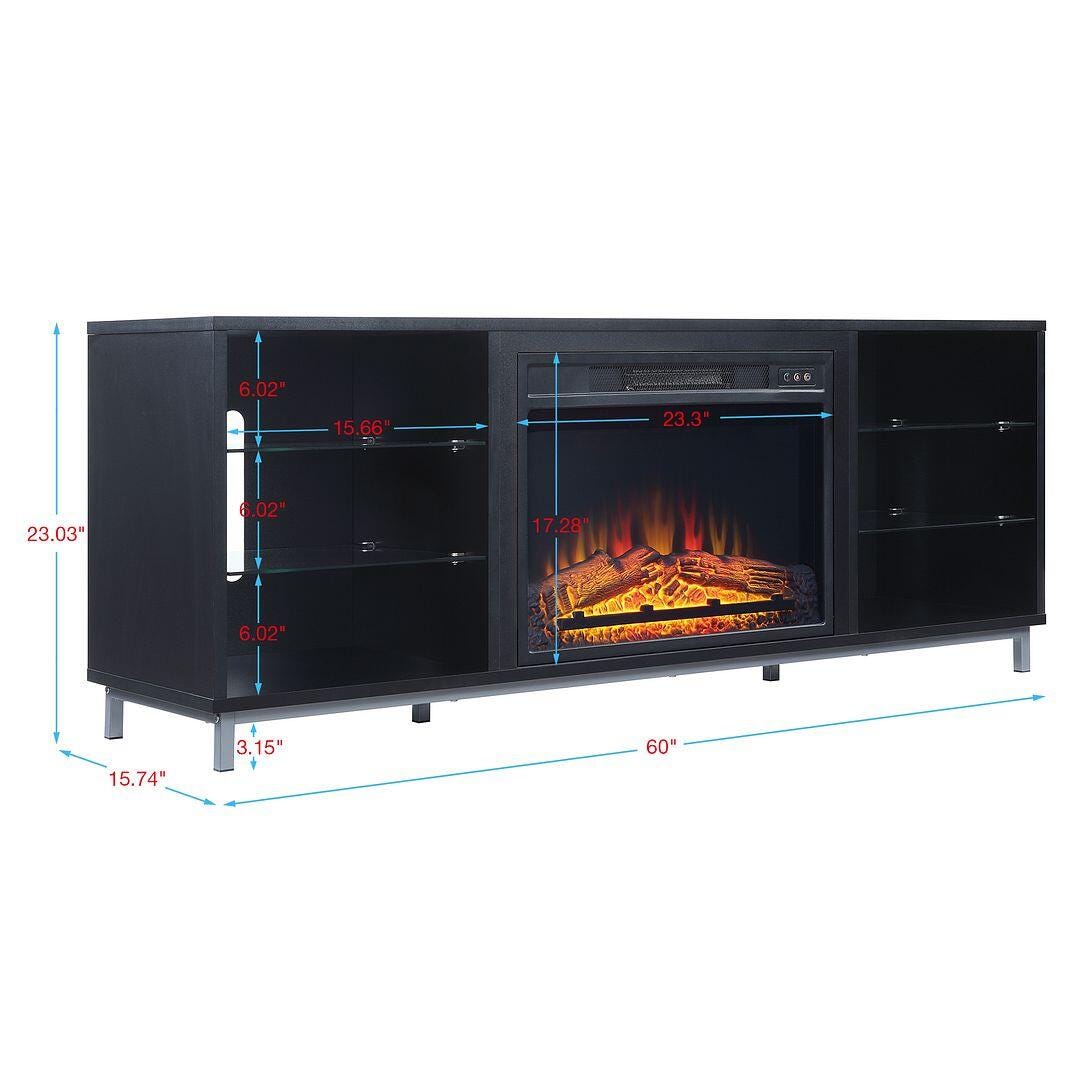 Manhattan Comfort Brighton 60" TV Stand with Electric Fireplace, Onyx, large