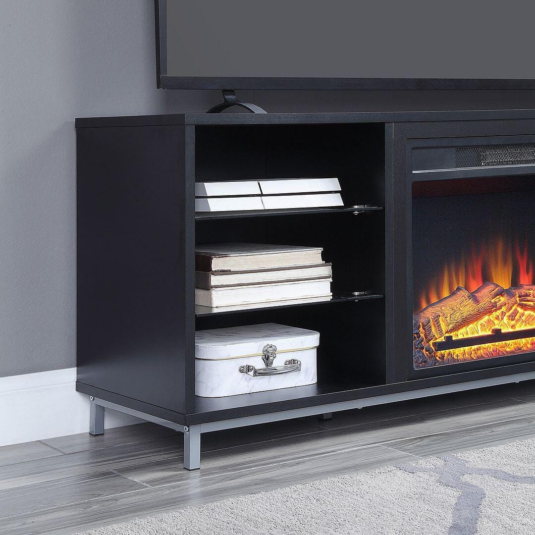 Manhattan Comfort Brighton 60" TV Stand with Electric Fireplace, Onyx, large