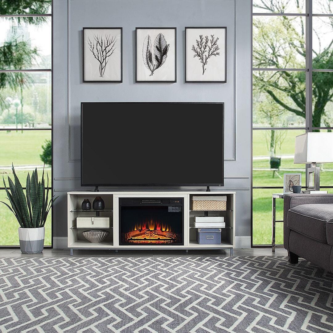 Manhattan Comfort Brighton 60" TV Stand with Electric Fireplace, Beige, rollover