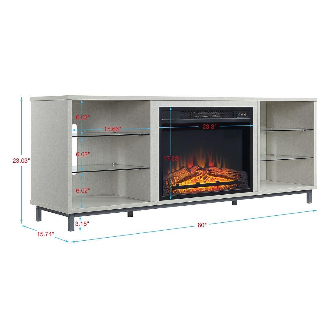 Manhattan Comfort Brighton 60" TV Stand with Electric Fireplace, Beige, large