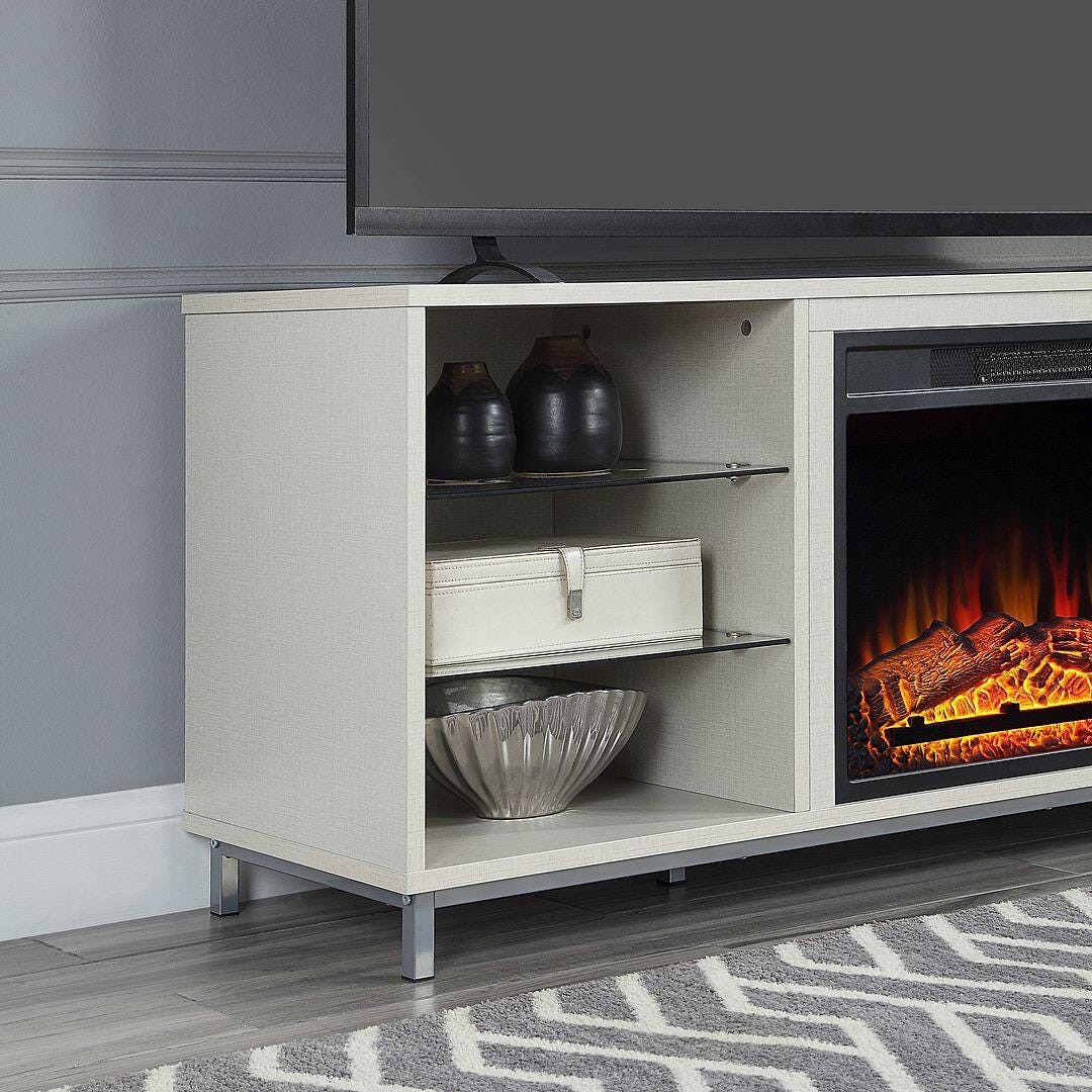 Manhattan Comfort Brighton 60" TV Stand with Electric Fireplace, Beige, large
