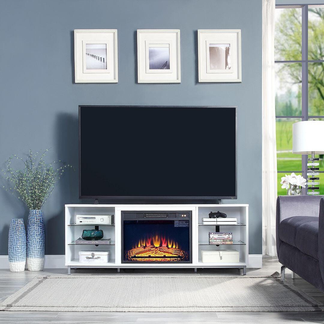 Manhattan Comfort Brighton 60" TV Stand with Electric Fireplace, White, rollover