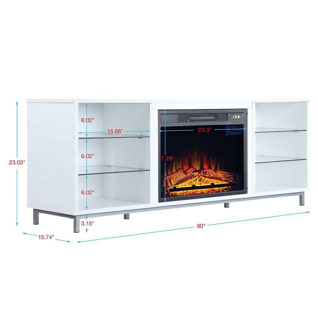 Manhattan Comfort Brighton 60" TV Stand with Electric Fireplace, White, large