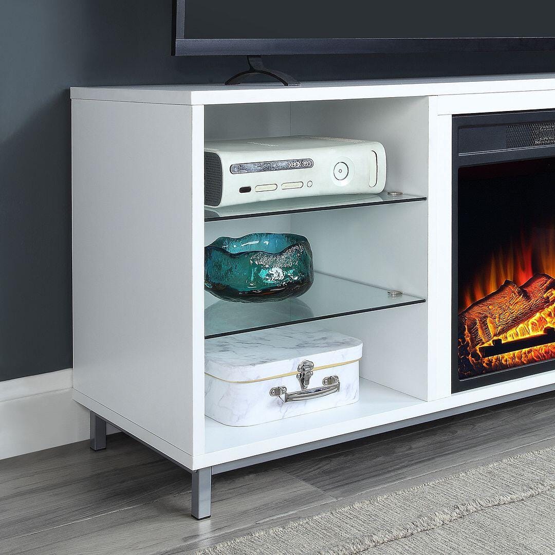 Manhattan Comfort Brighton 60" TV Stand with Electric Fireplace, White, large
