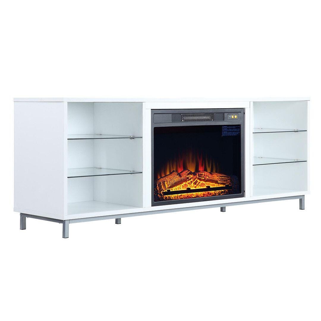 Manhattan Comfort Brighton 60" TV Stand with Electric Fireplace, White, large