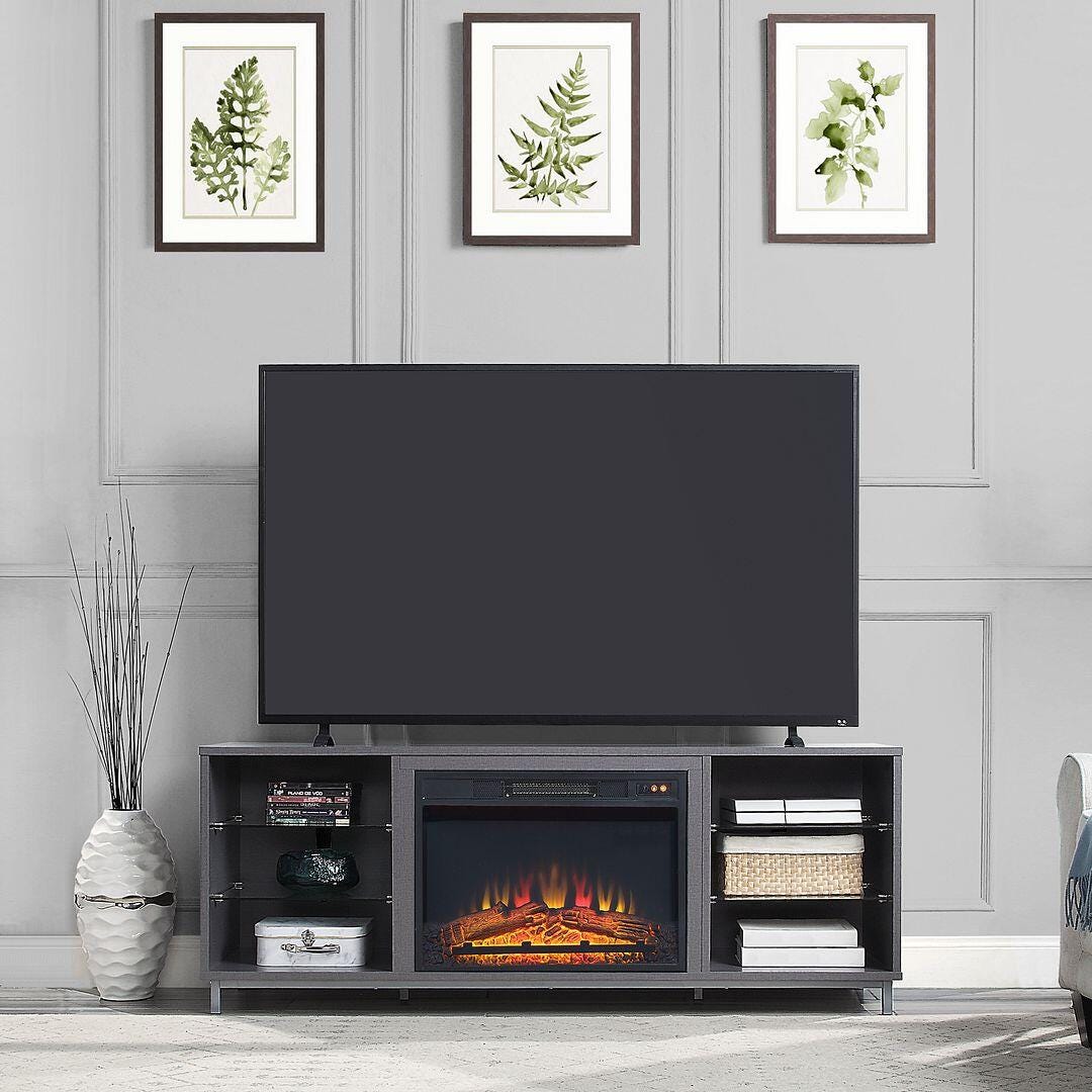 Manhattan Comfort Brighton 60" TV Stand with Electric Fireplace, Gray, rollover