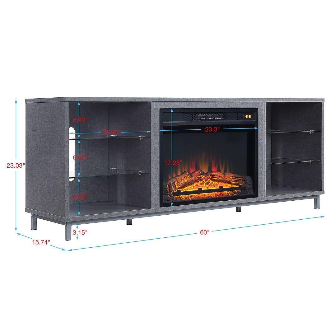 Manhattan Comfort Brighton 60" TV Stand with Electric Fireplace, Gray, large