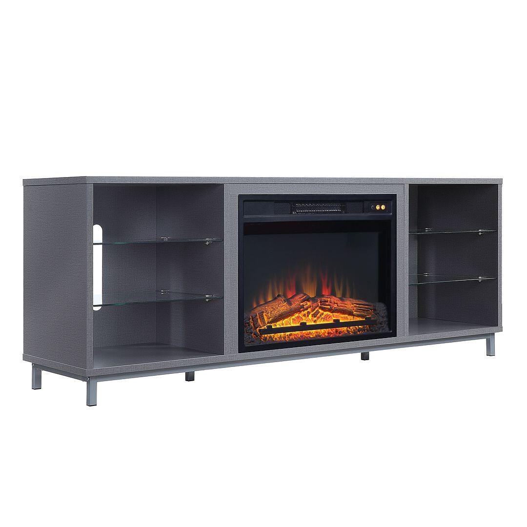 Manhattan Comfort Brighton 60" TV Stand with Electric Fireplace, Gray, large