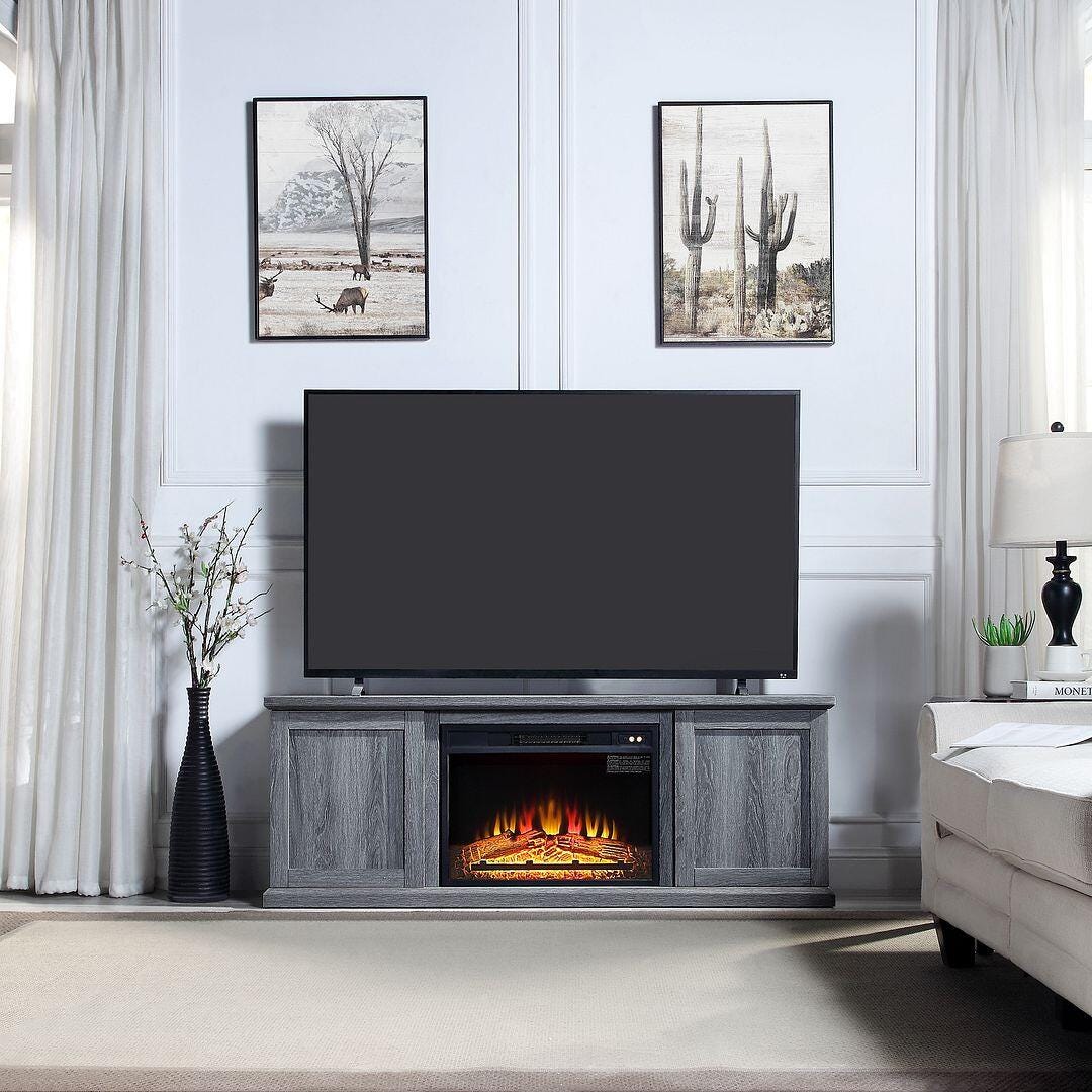 Manhattan Comfort Franklin 60" TV Stand with Electric Fireplace, Gray, rollover