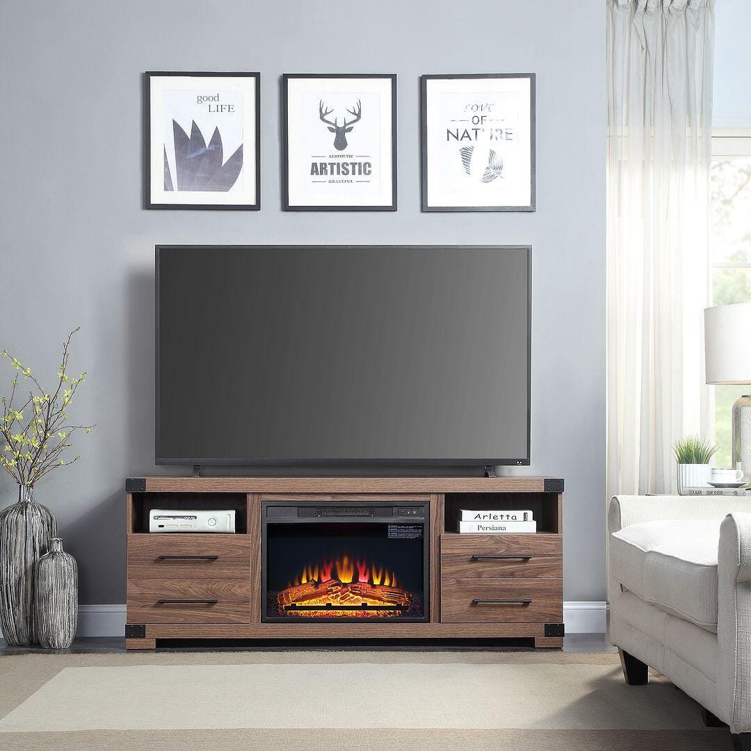 Manhattan Comfort Richmond 60" TV Stand with Electric Fireplace, Brown, large