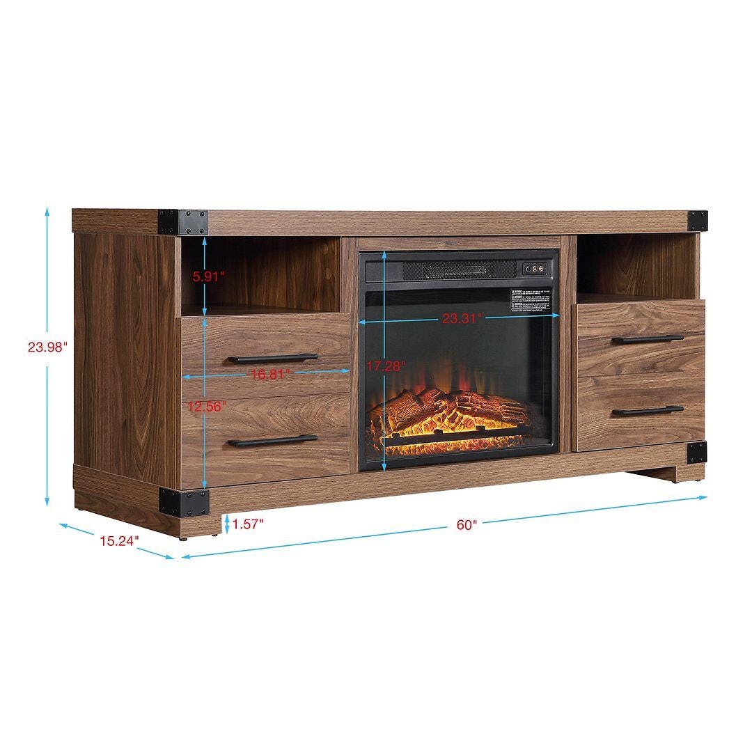 Manhattan Comfort Richmond 60" TV Stand with Electric Fireplace, Brown, large