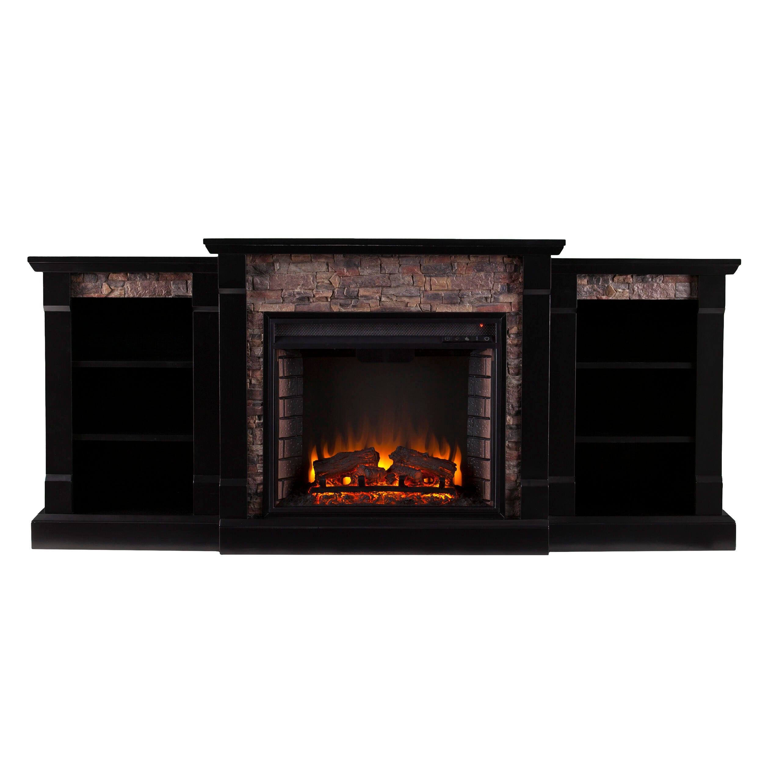 SEI Furntiure Brently Electric Fireplace w/ Bookcases - Black w/ Black River Faux Stone, Black, large