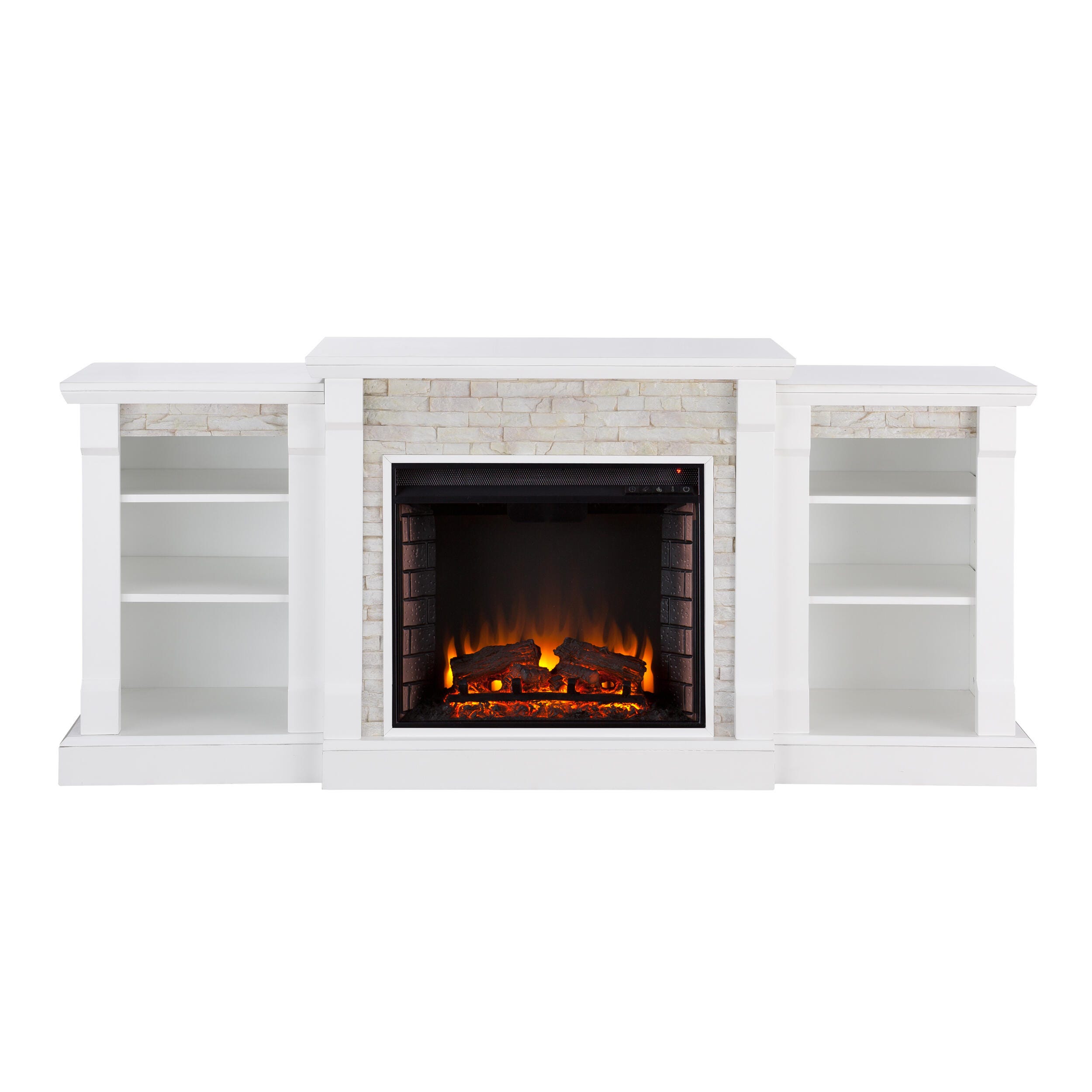 SEI Furntiure Brently Electric Fireplace w/ Bookcases &ndash; White w/ White Faux Stone, White, large
