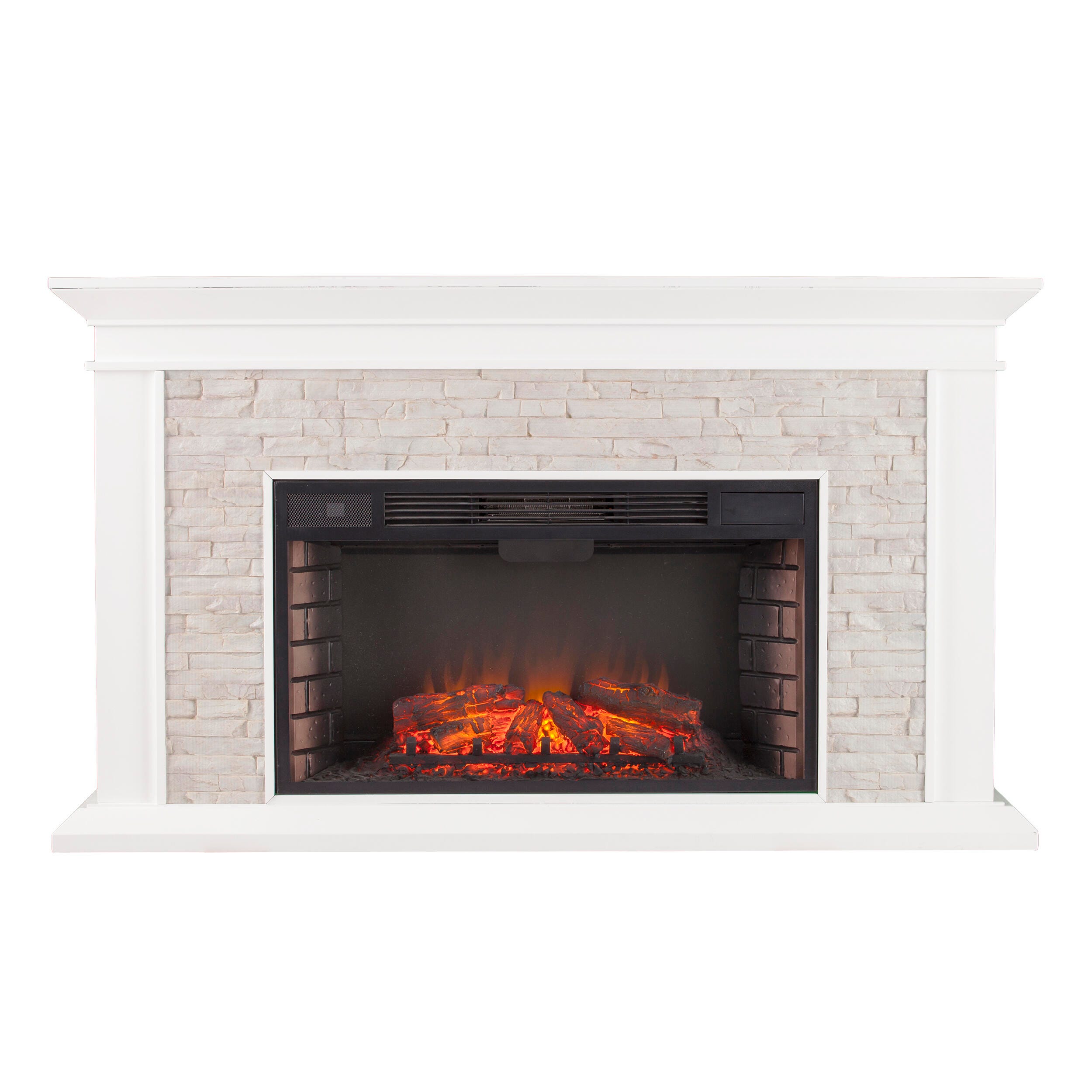 SEI Furntiure Brook Manor Faux Stacked Stone Electric Fireplace - White, , large
