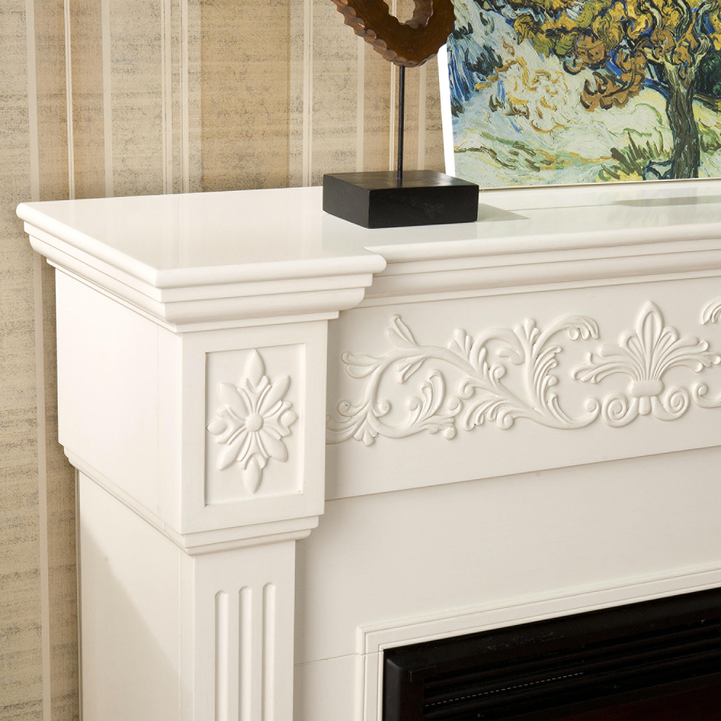 SEI Furntiure Venstinger Carved Electric Fireplace - Ivory, , large