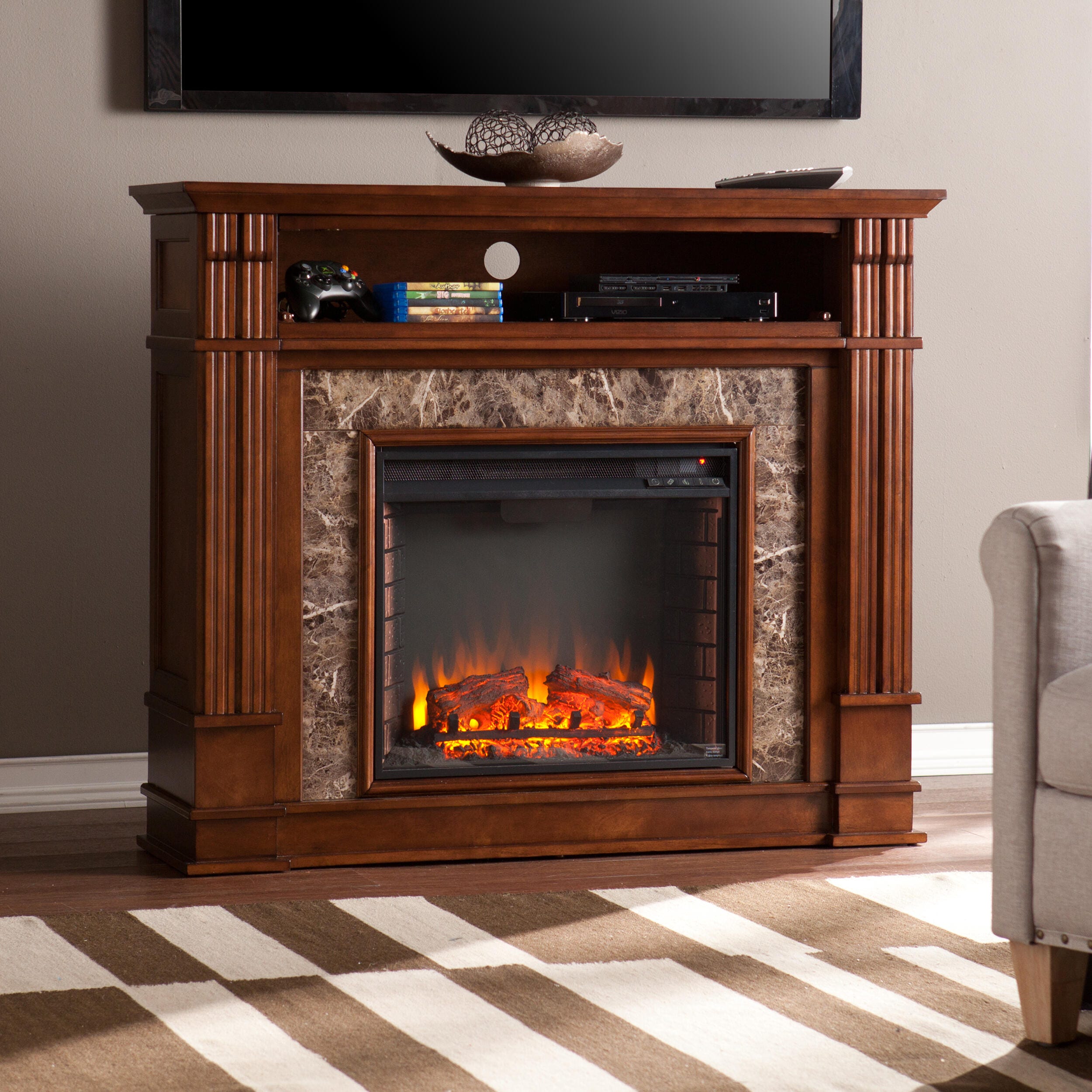 SEI Furntiure Ellisville Faux Stone Electric Media Fireplace - Whiskey Maple, , large