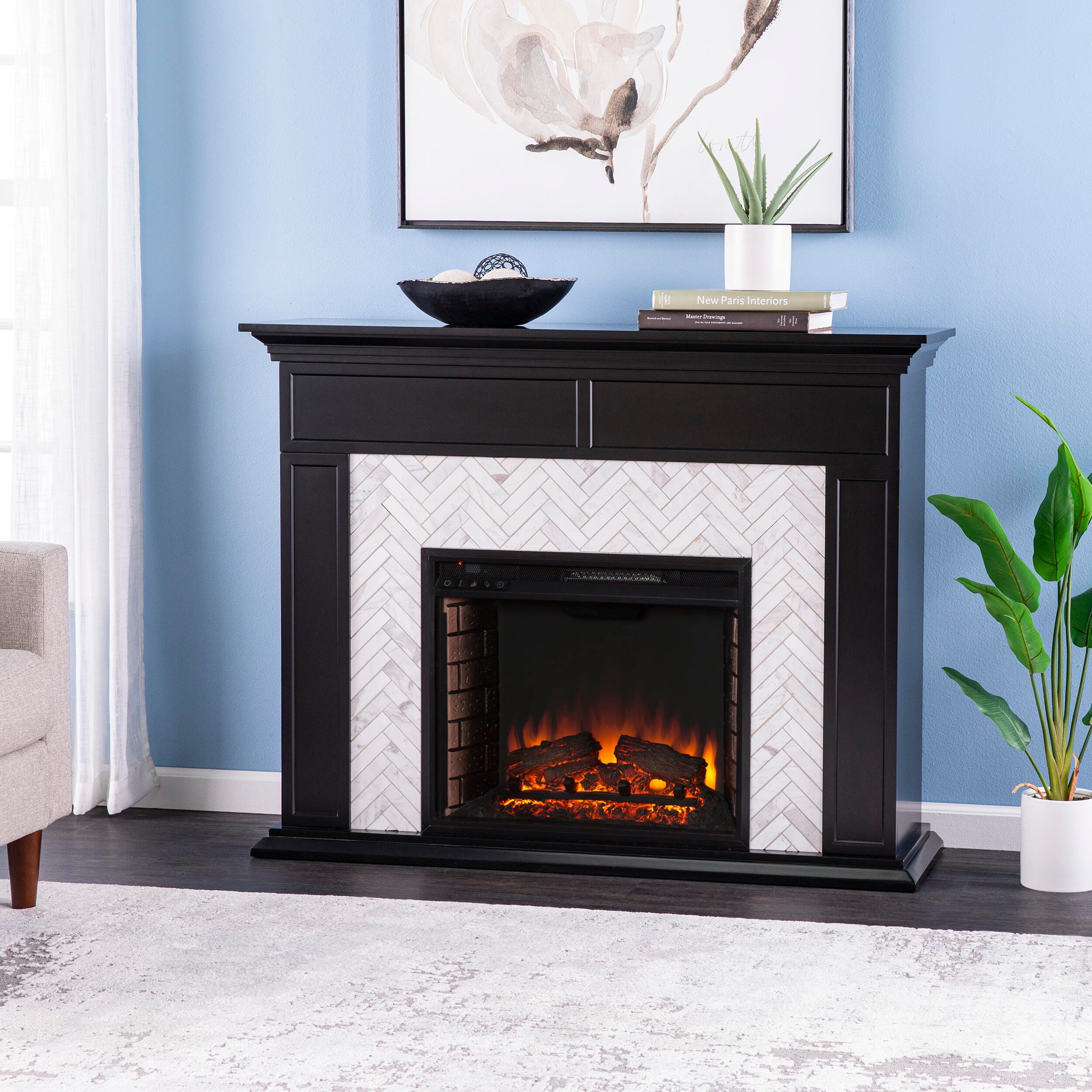 SEI Furntiure Lordeston Marble Tiled Electric Fireplace, , large