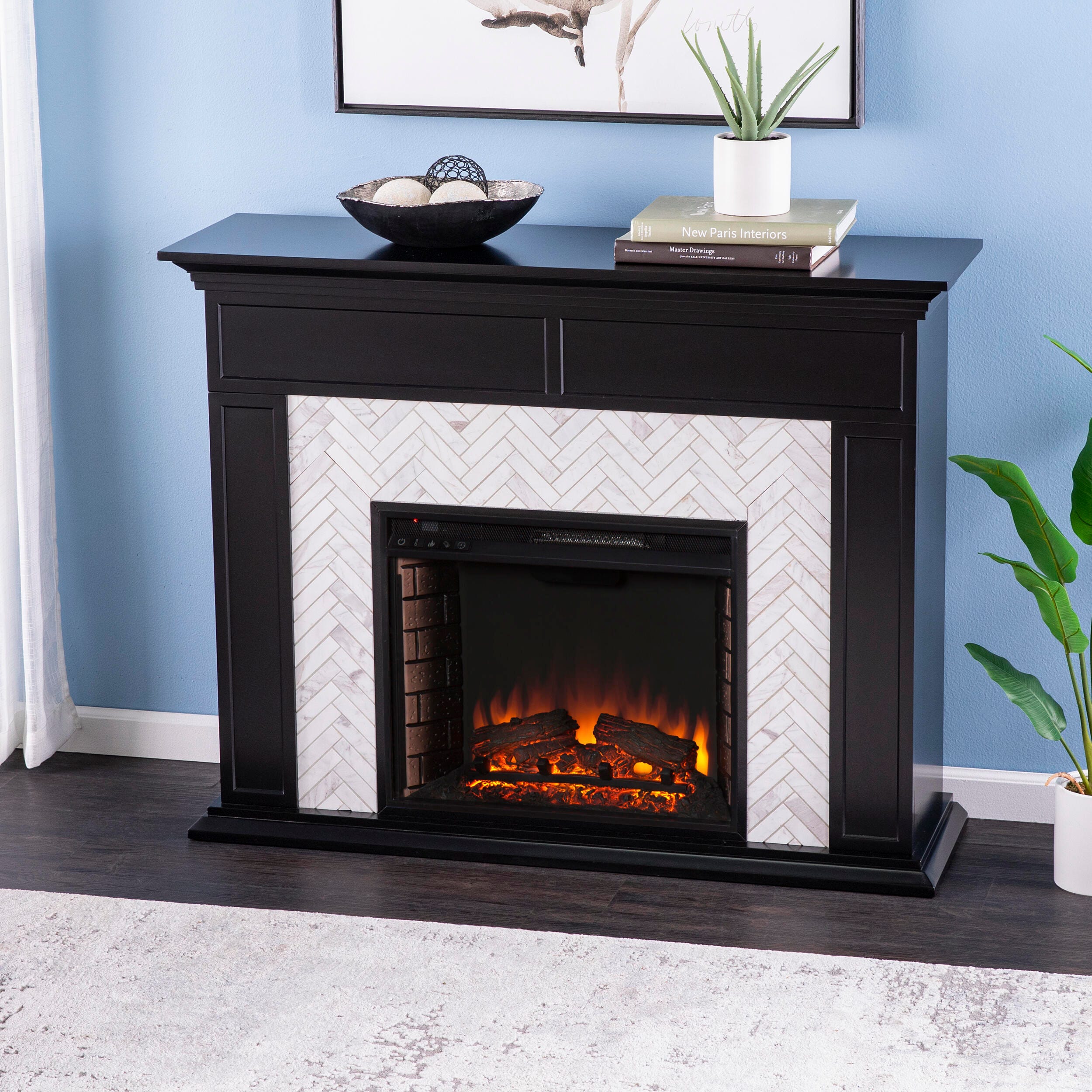 SEI Furntiure Lordeston Marble Tiled Electric Fireplace, , large