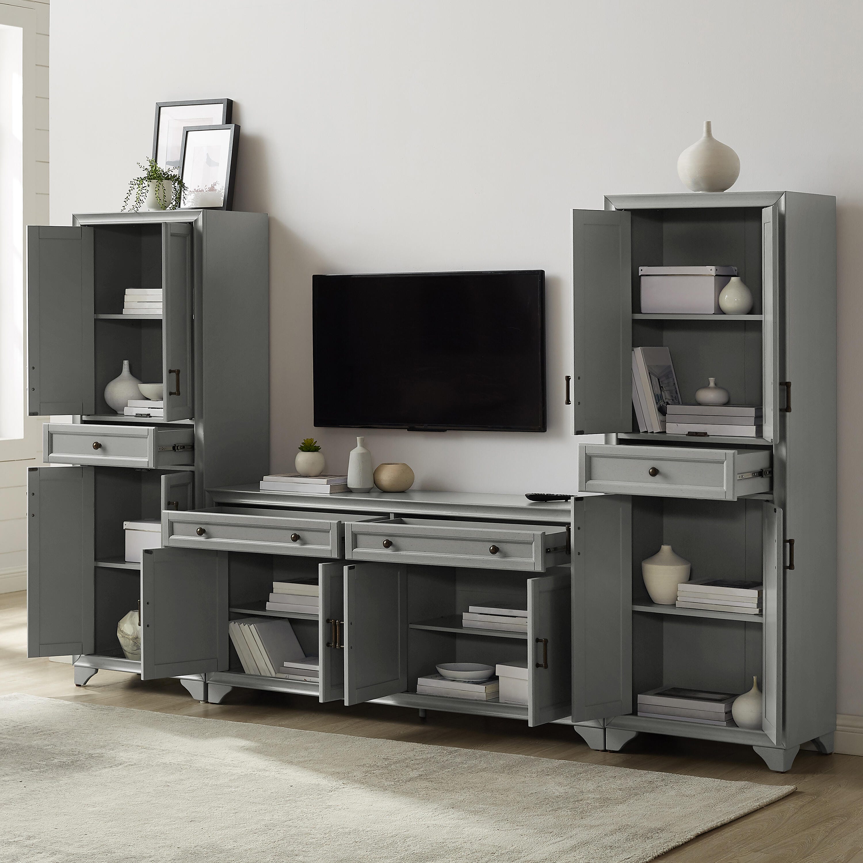 Crosley Furniture Tara 3-Piece 108" Entertainment Center, Distressed Gray, large