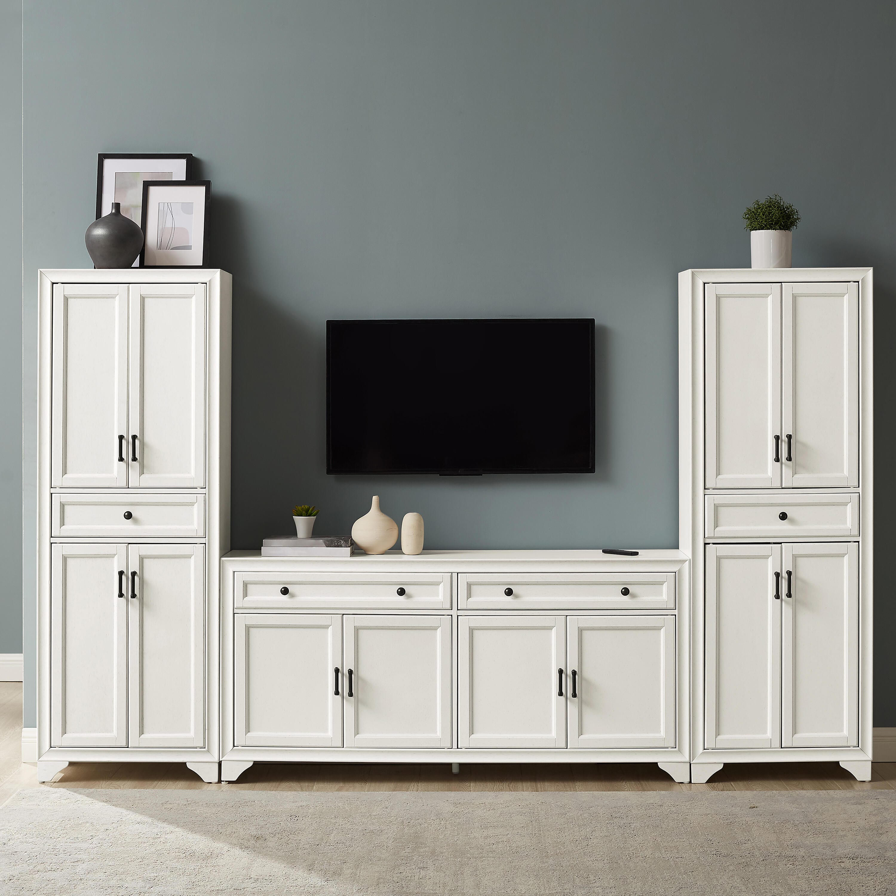 Crosley Furniture Tara 3-Piece 108" Entertainment Center, Distressed White, large
