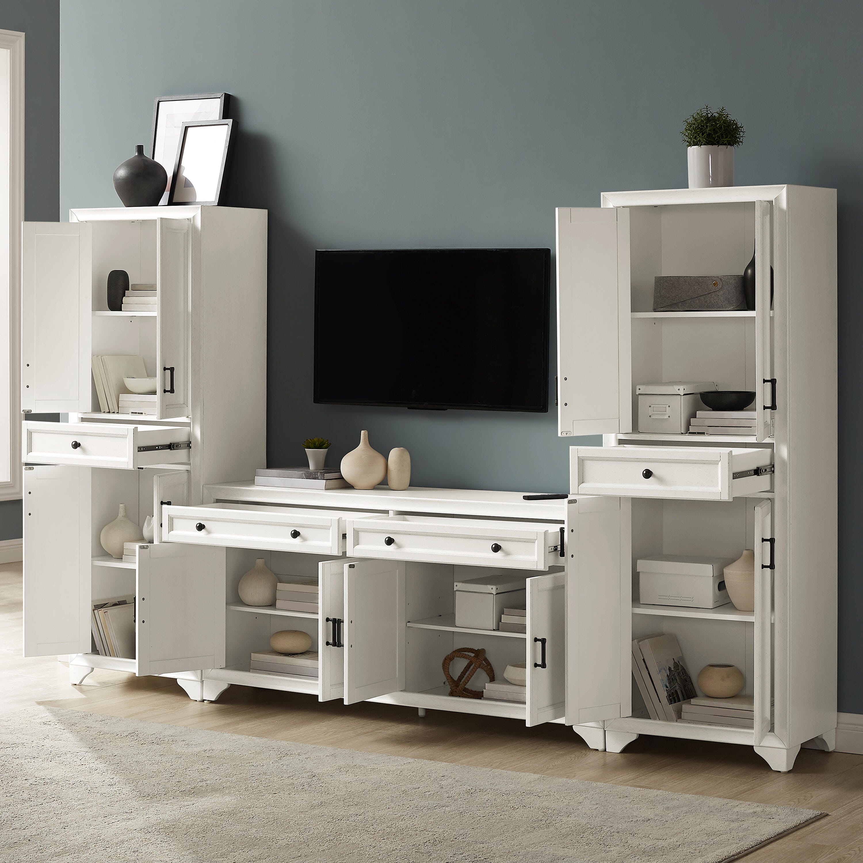 Crosley Furniture Tara 3-Piece 108" Entertainment Center, Distressed White, large
