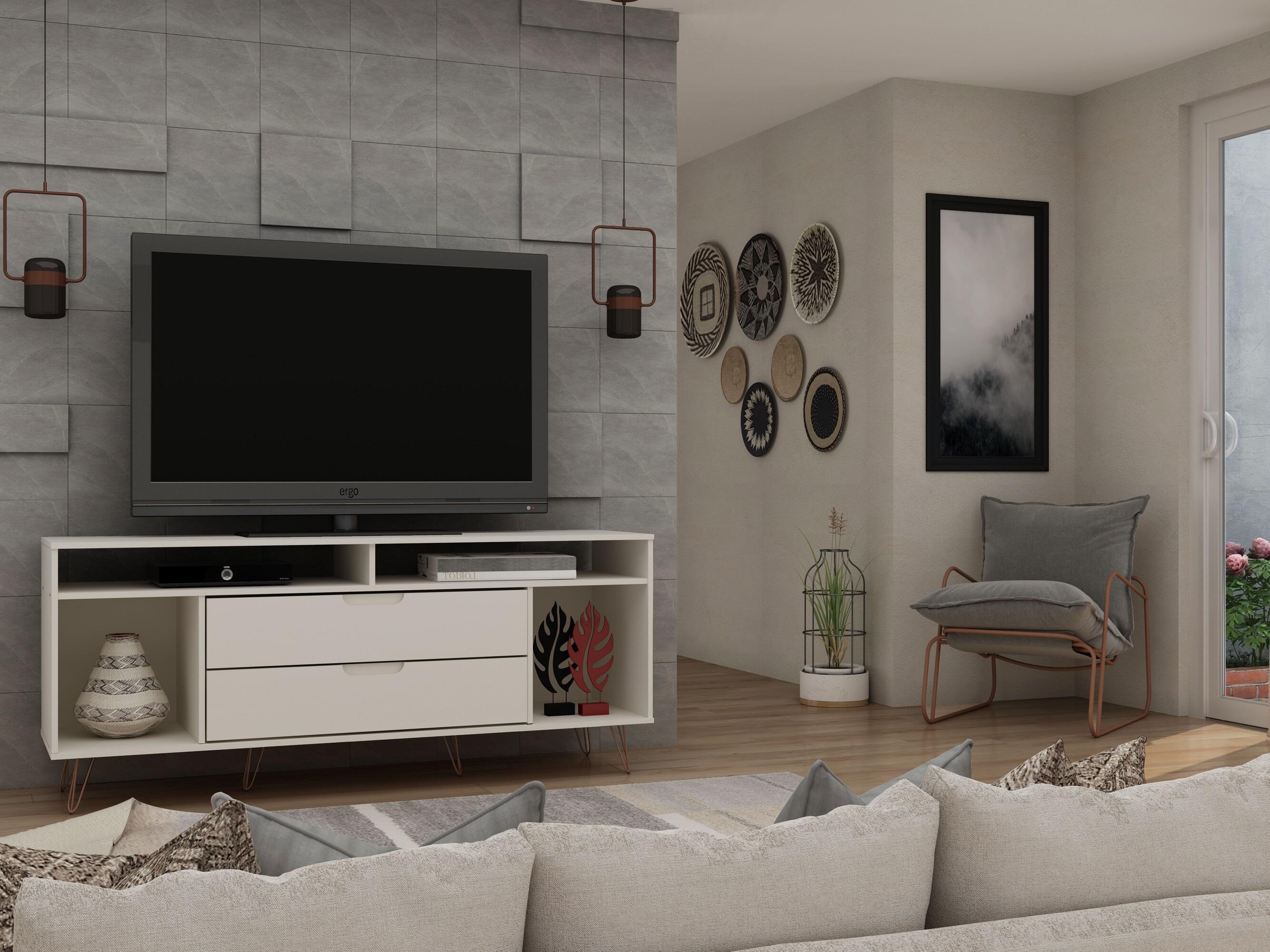 Manhattan Comfort Rockefeller 62.99" TV Stand with 2 Drawers, Off White, large