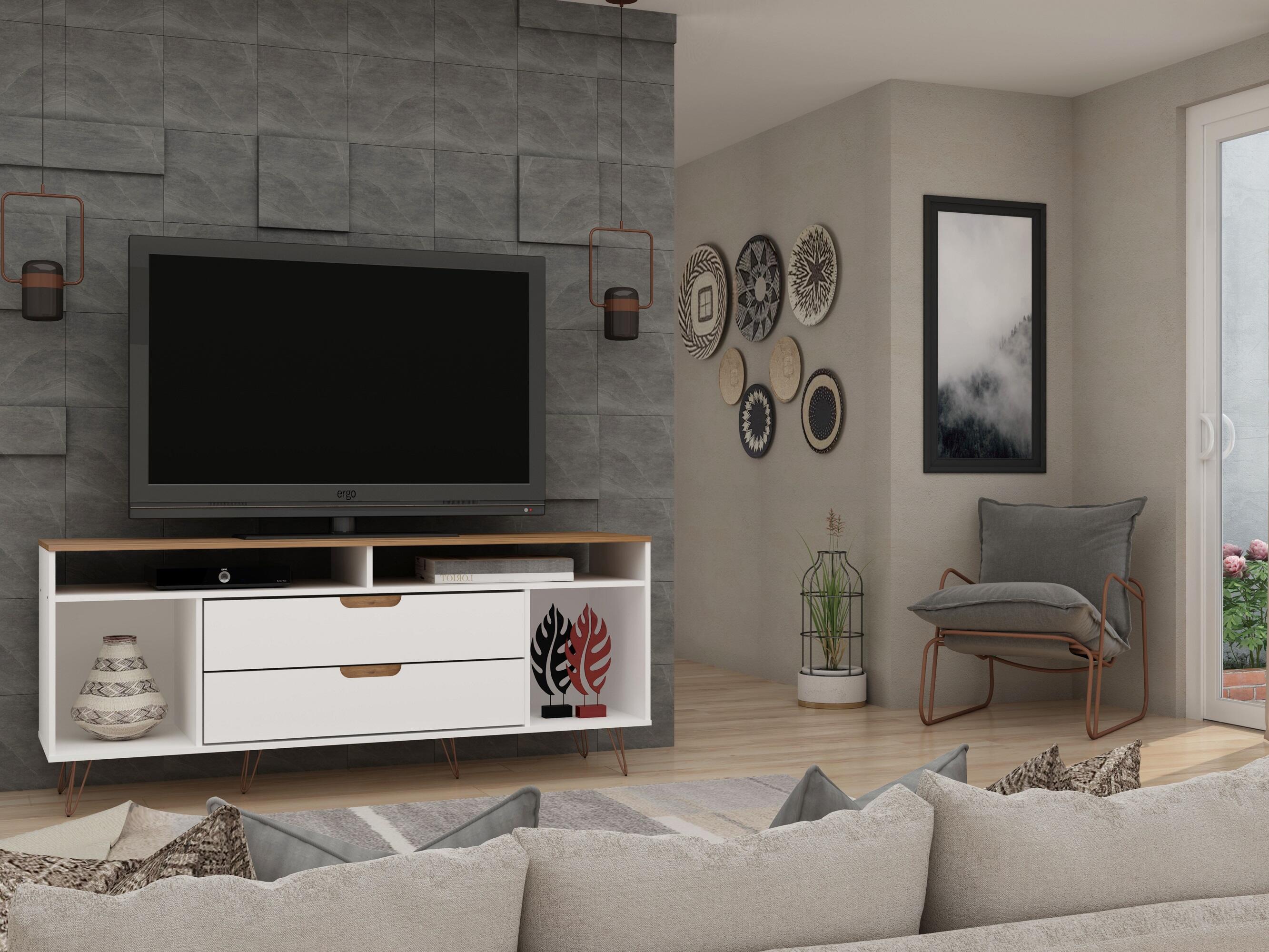 Manhattan Comfort Rockefeller 62.99" TV Stand with 2 Drawers, Off White/Natural, large