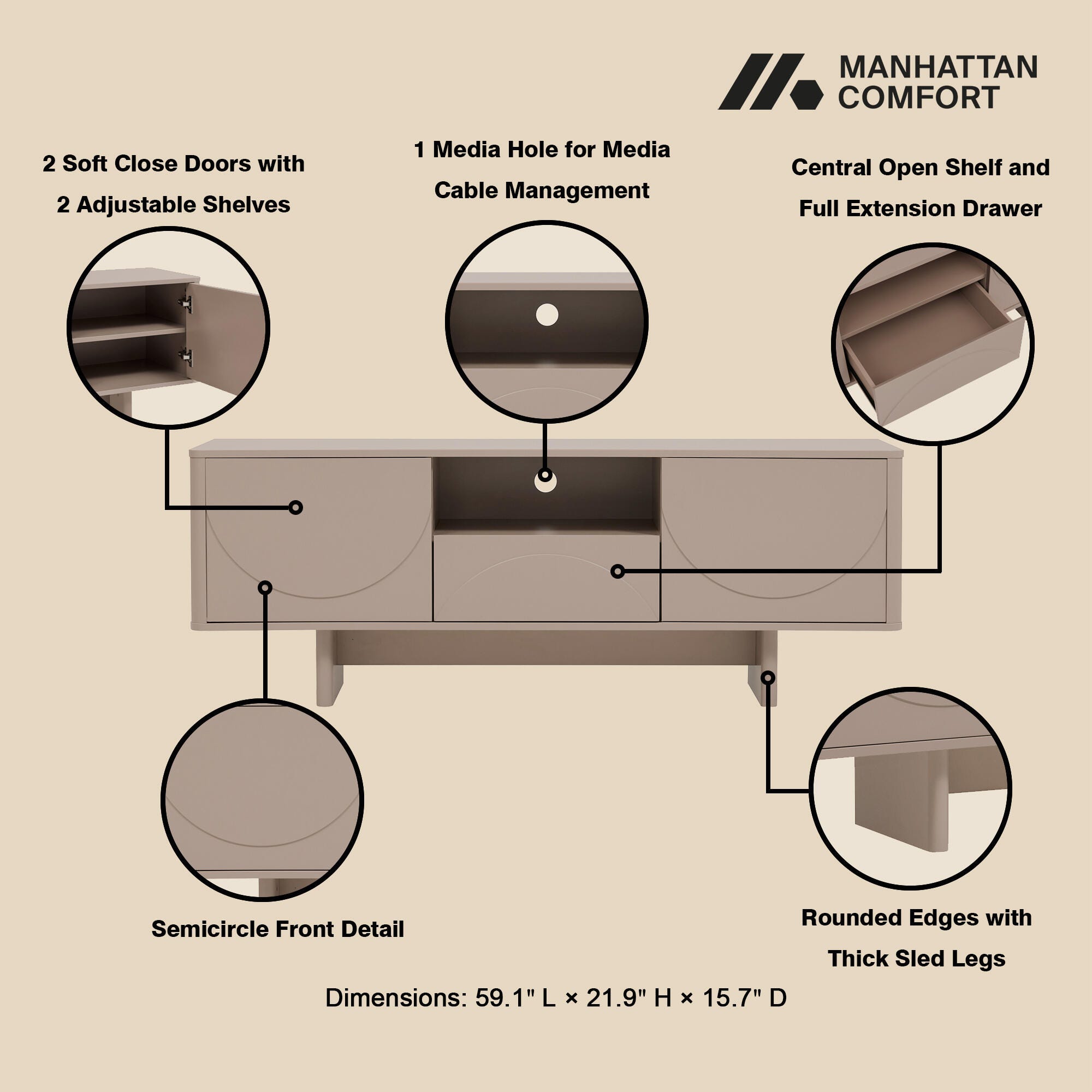 Manhattan Comfort Ella 59" TV Stand, Mocha, large