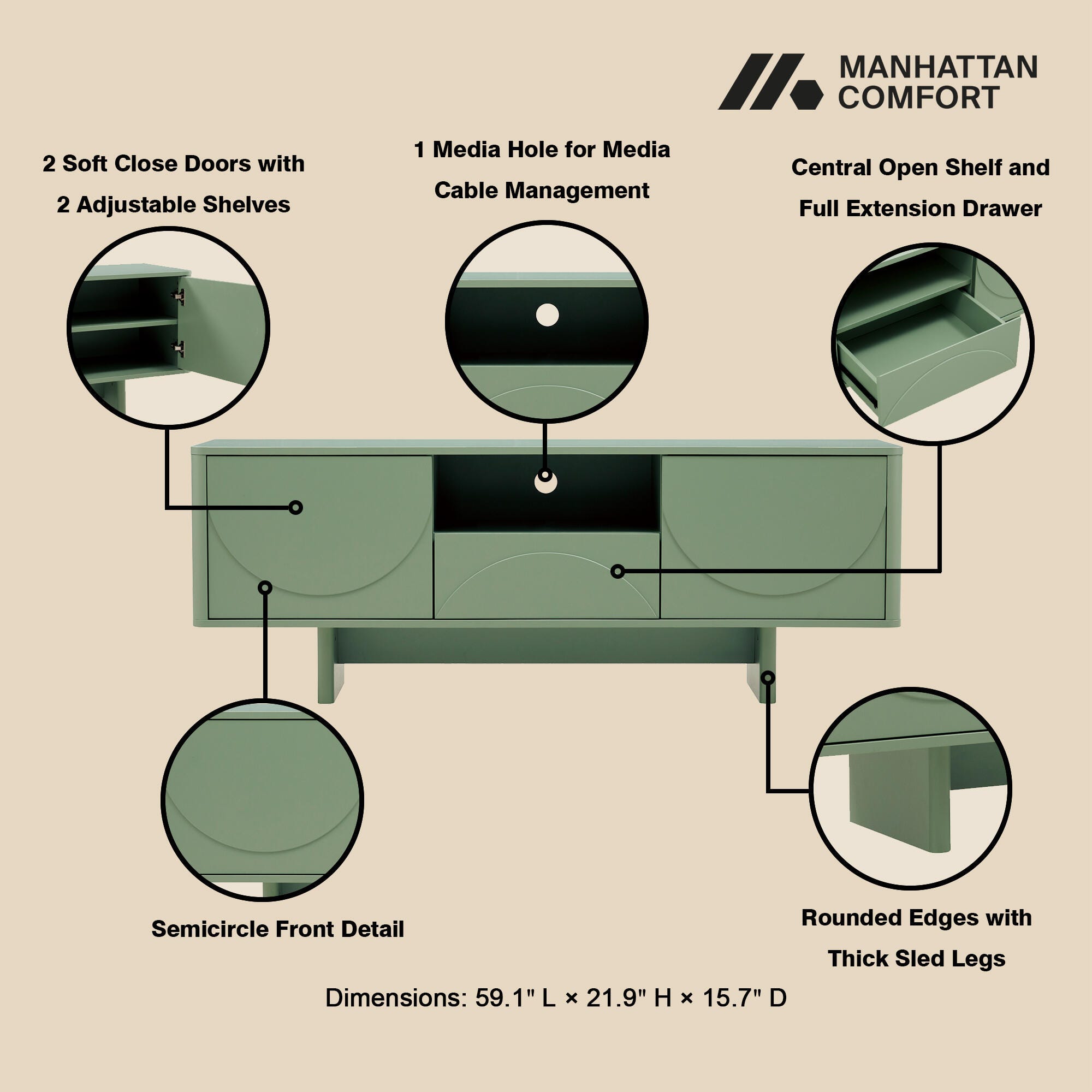 Manhattan Comfort Ella 59" TV Stand, Sage Green, large