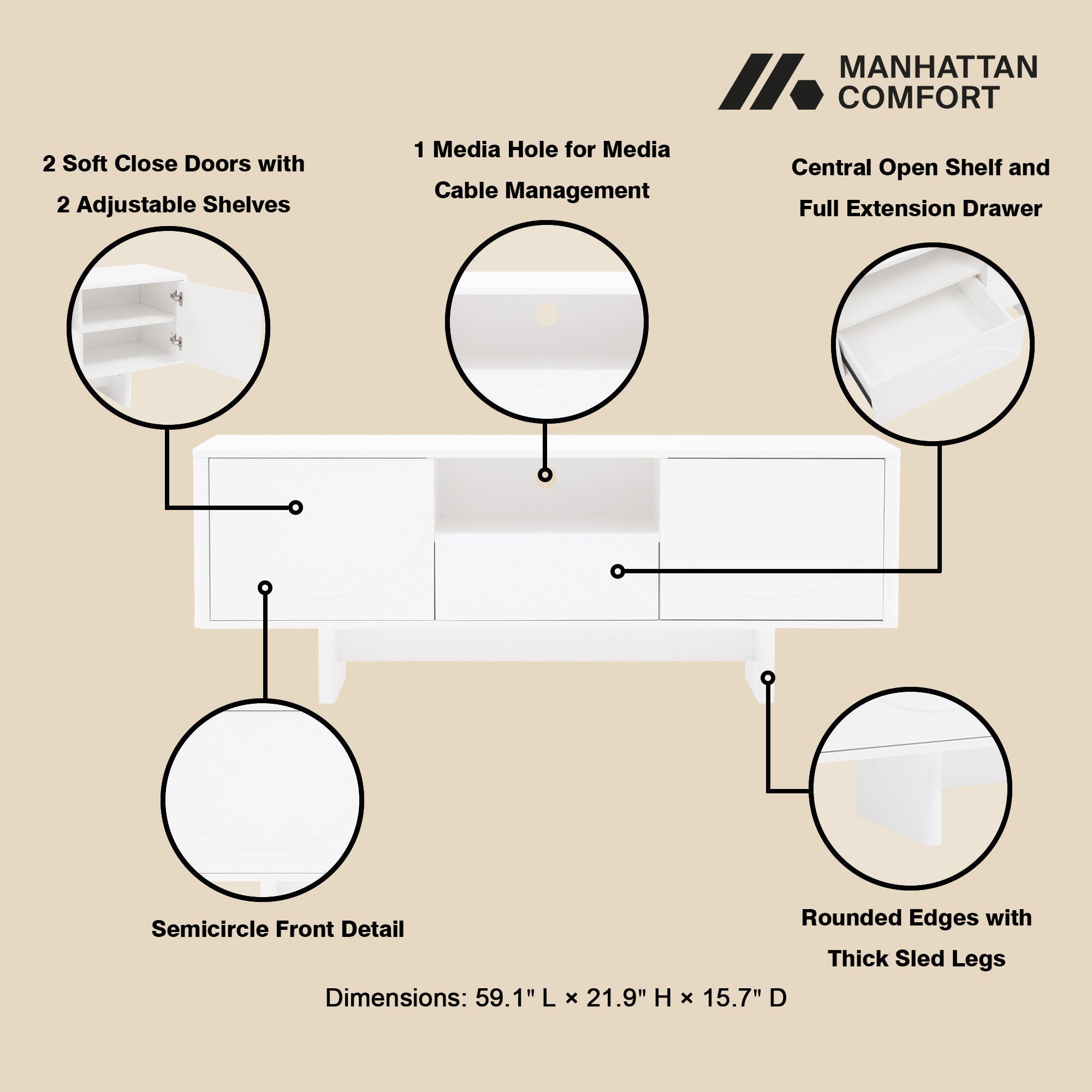 Manhattan Comfort Ella 59" TV Stand, White, large