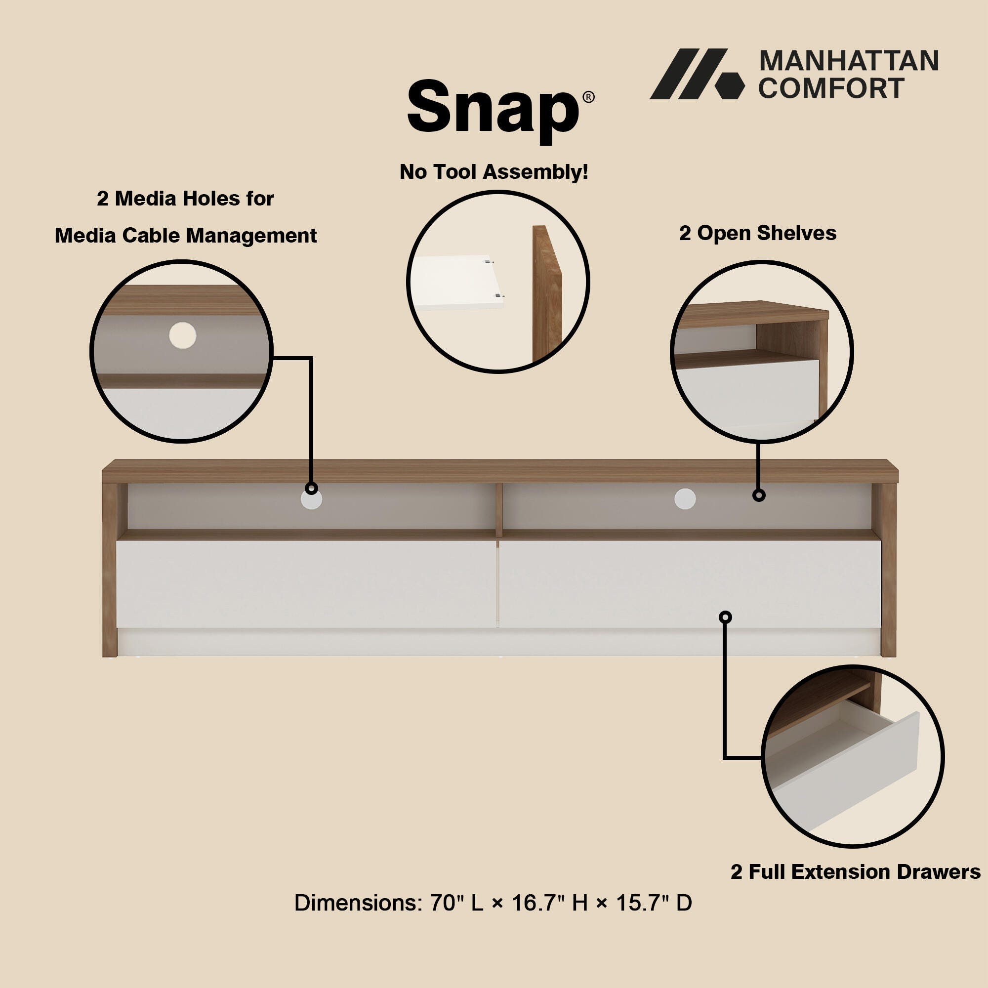 Manhattan Comfort Duncan 70" TV Stand, Maple/Off White, large