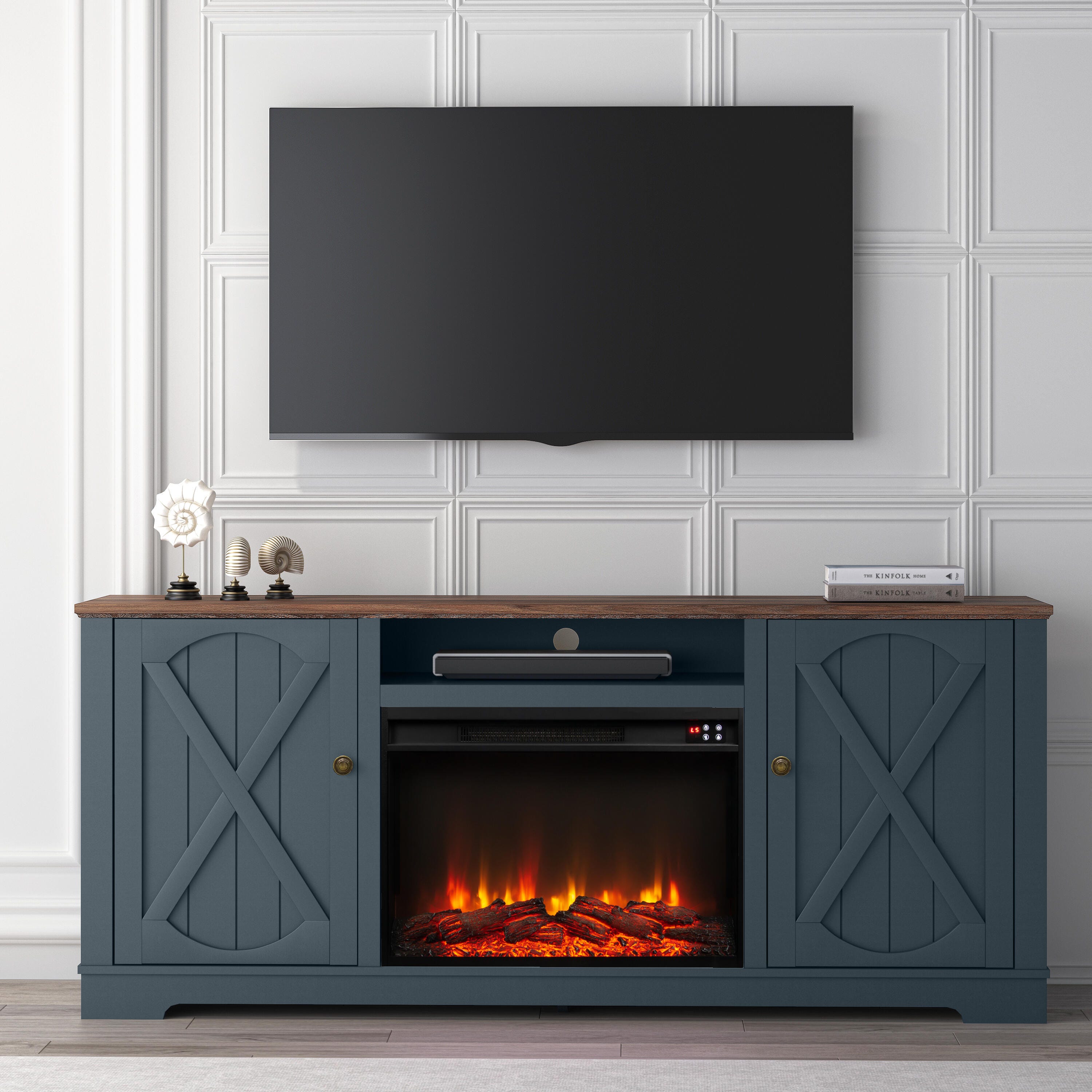Joy River 70" TV Stand with Electric Fireplace, Navy/Brown, rollover