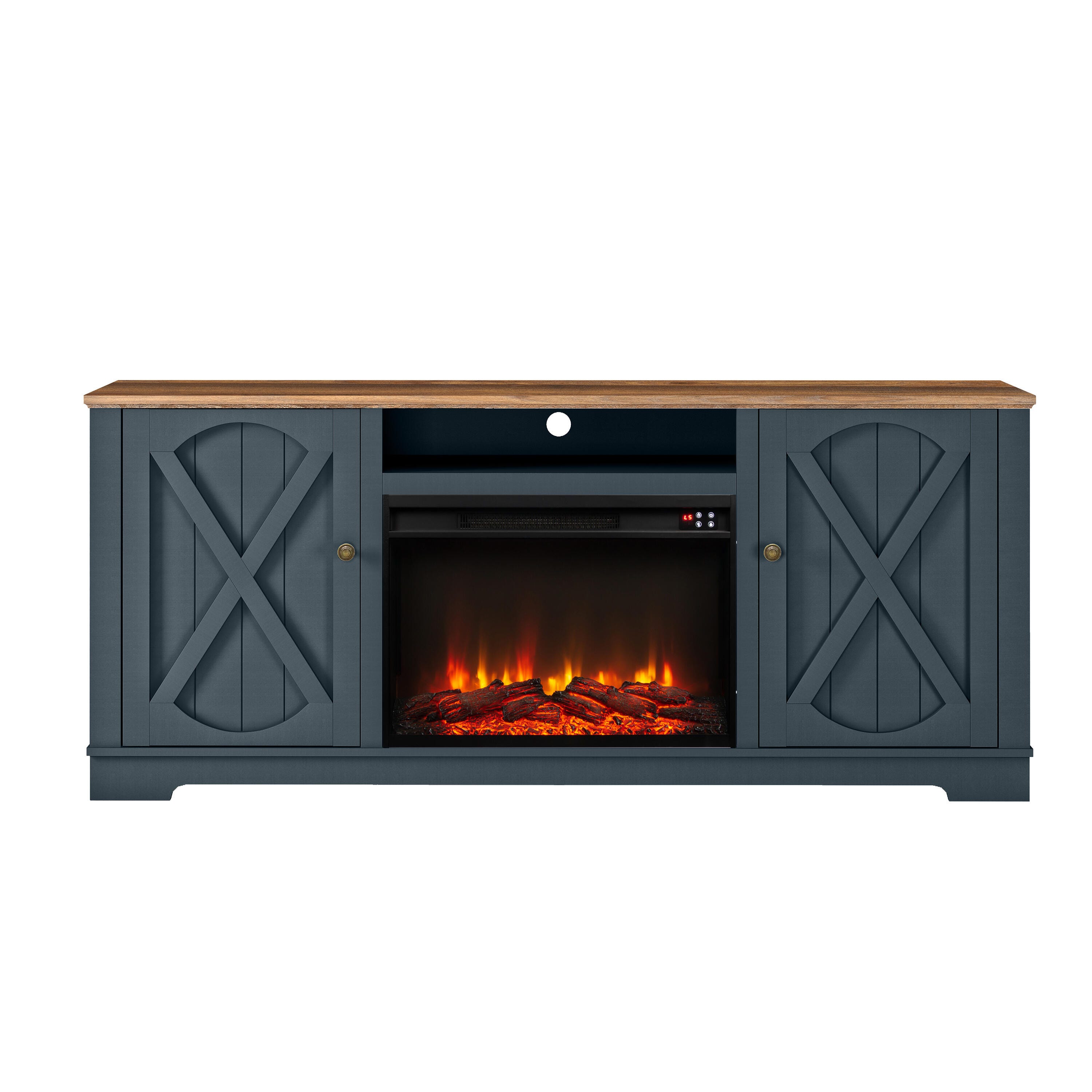 Joy River 70" TV Stand with Electric Fireplace, Navy/Brown, large