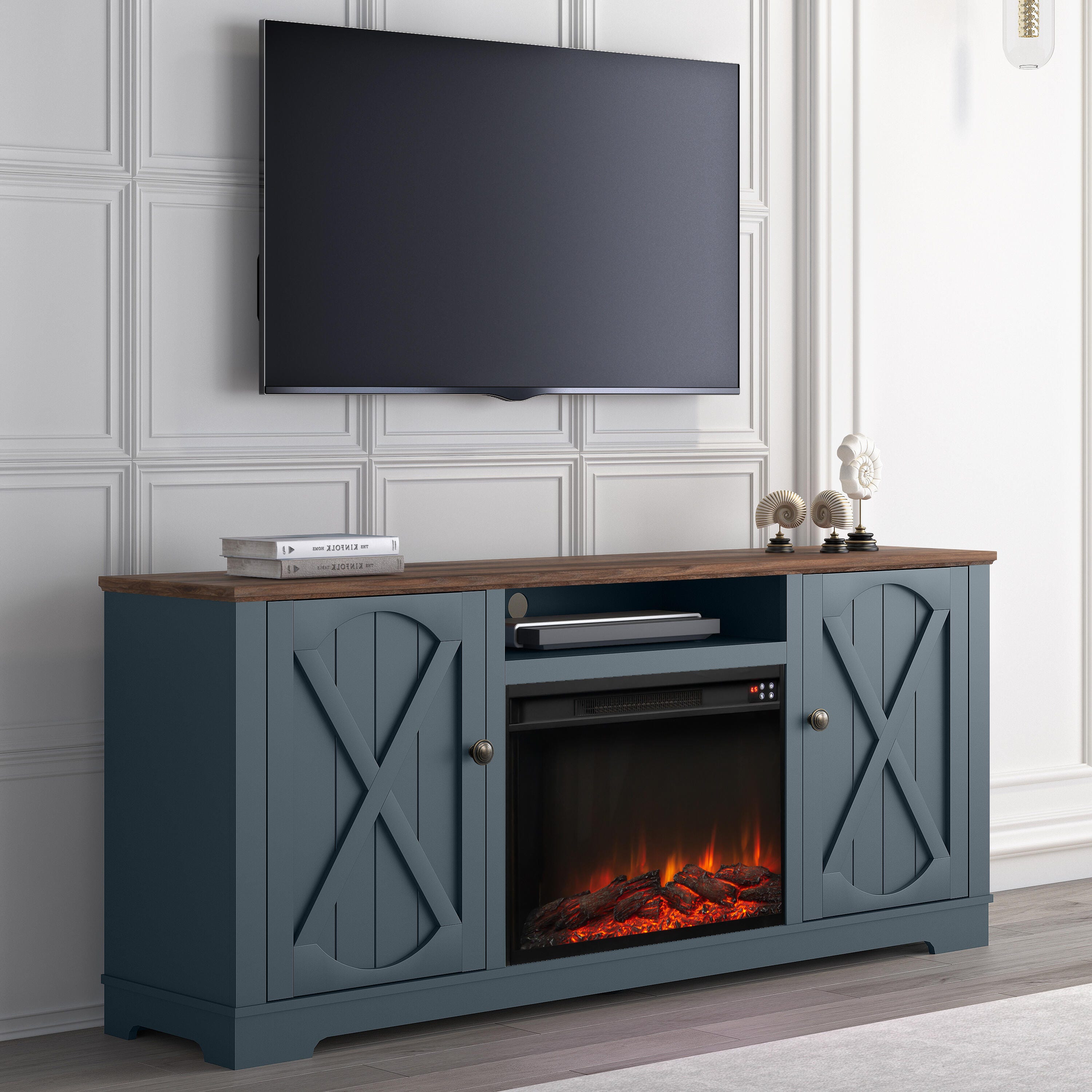 Joy River 70" TV Stand with Electric Fireplace, Navy/Brown, large