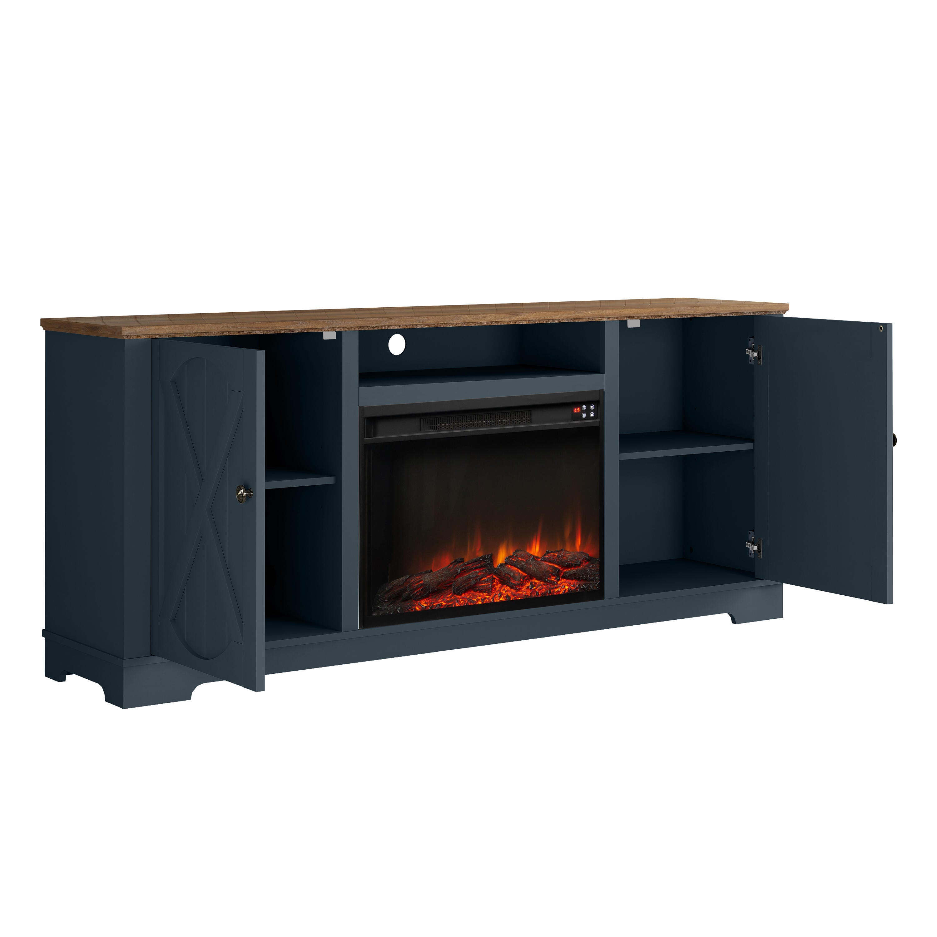Joy River 70" TV Stand with Electric Fireplace, Navy/Brown, large
