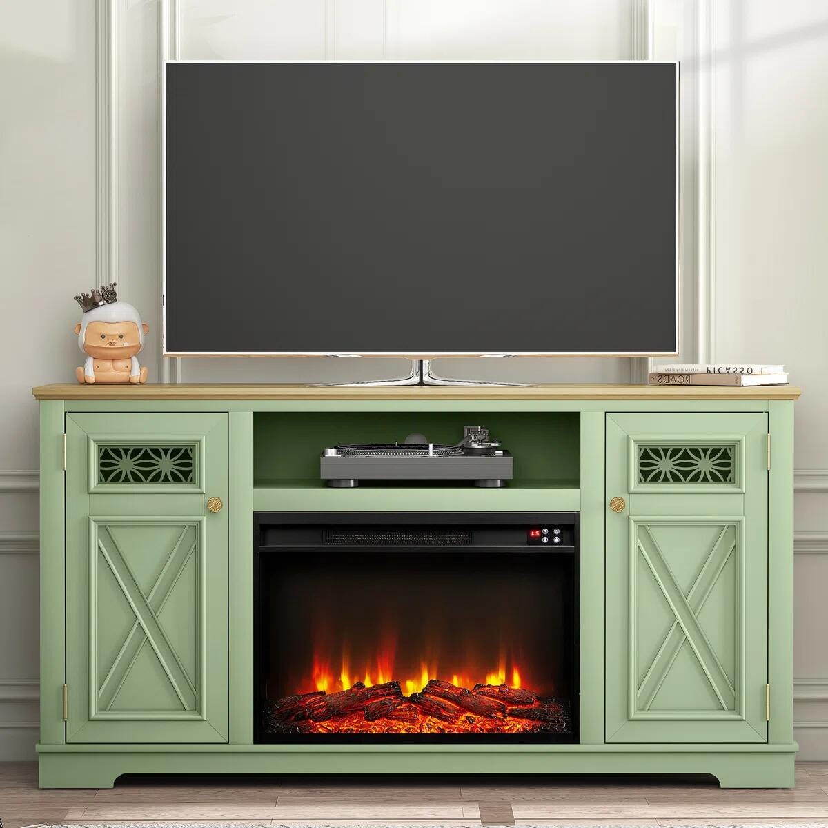 Joy River 61" TV Stand with Electric Fireplace, Green/Tan, rollover