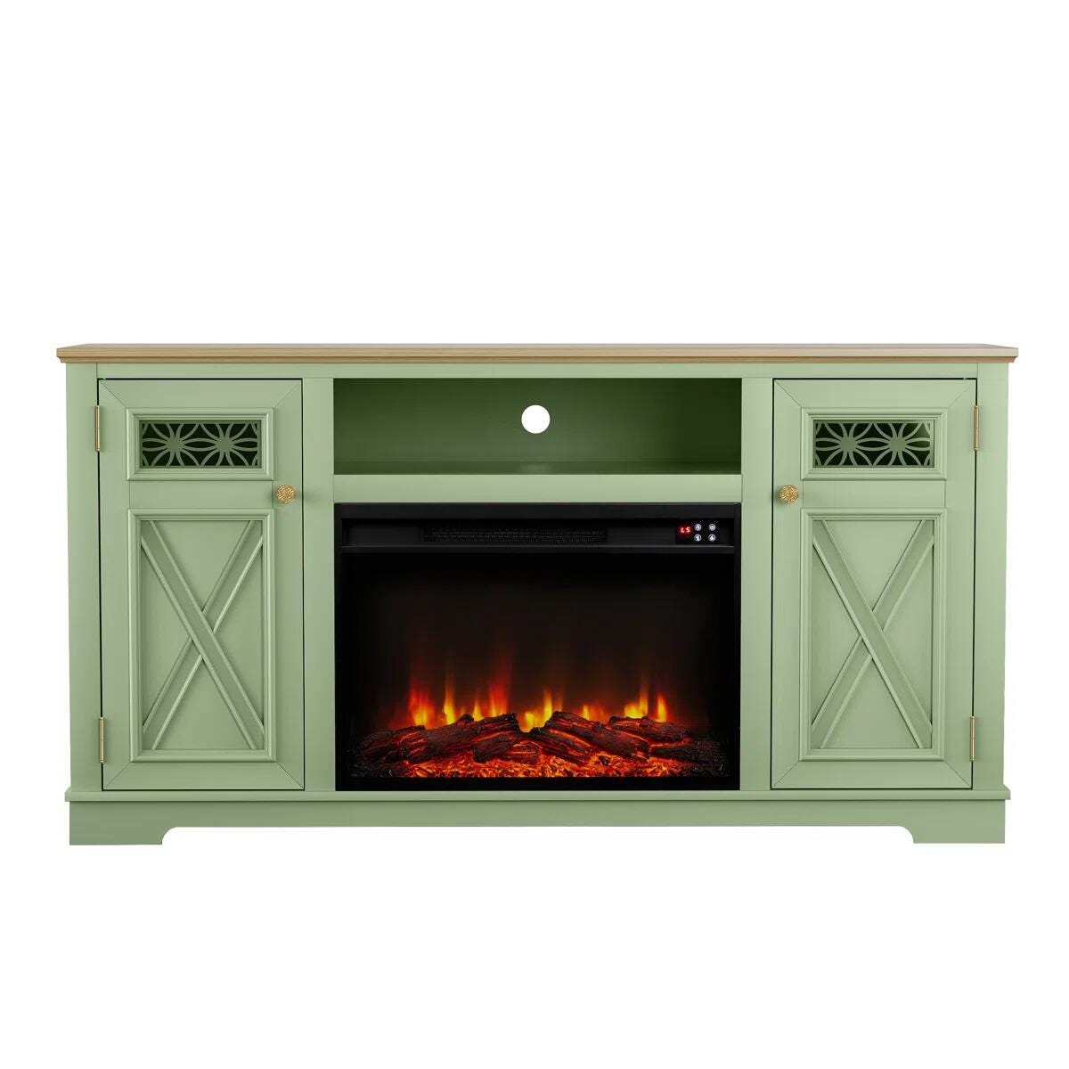Joy River 61" TV Stand with Electric Fireplace, Green/Tan, large