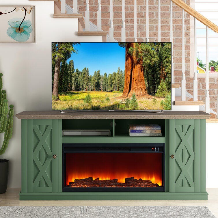 Joy River 68" TV Stand with Electric Fireplace, Green/Tan, rollover