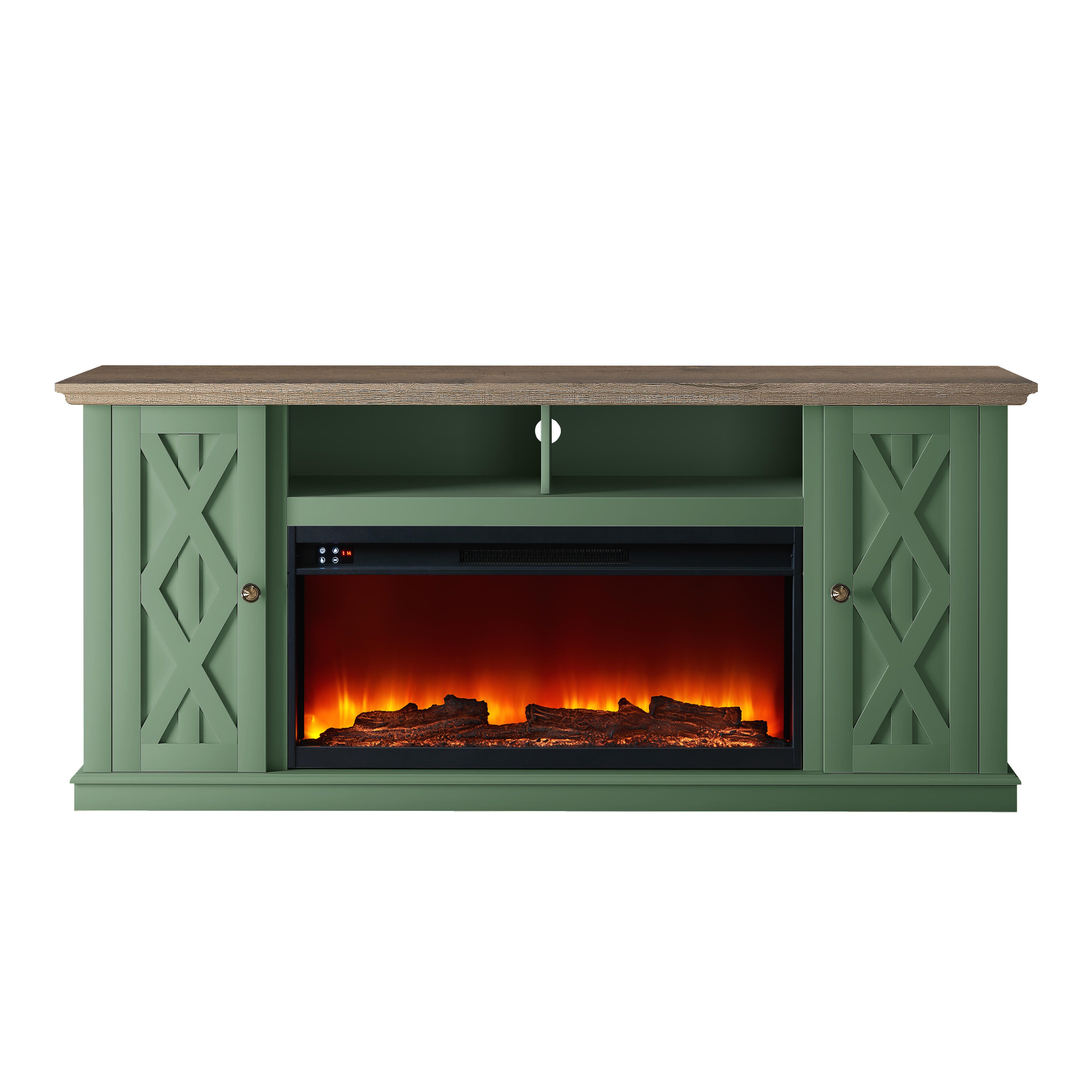 Joy River 68" TV Stand with Electric Fireplace, Green/Tan, large
