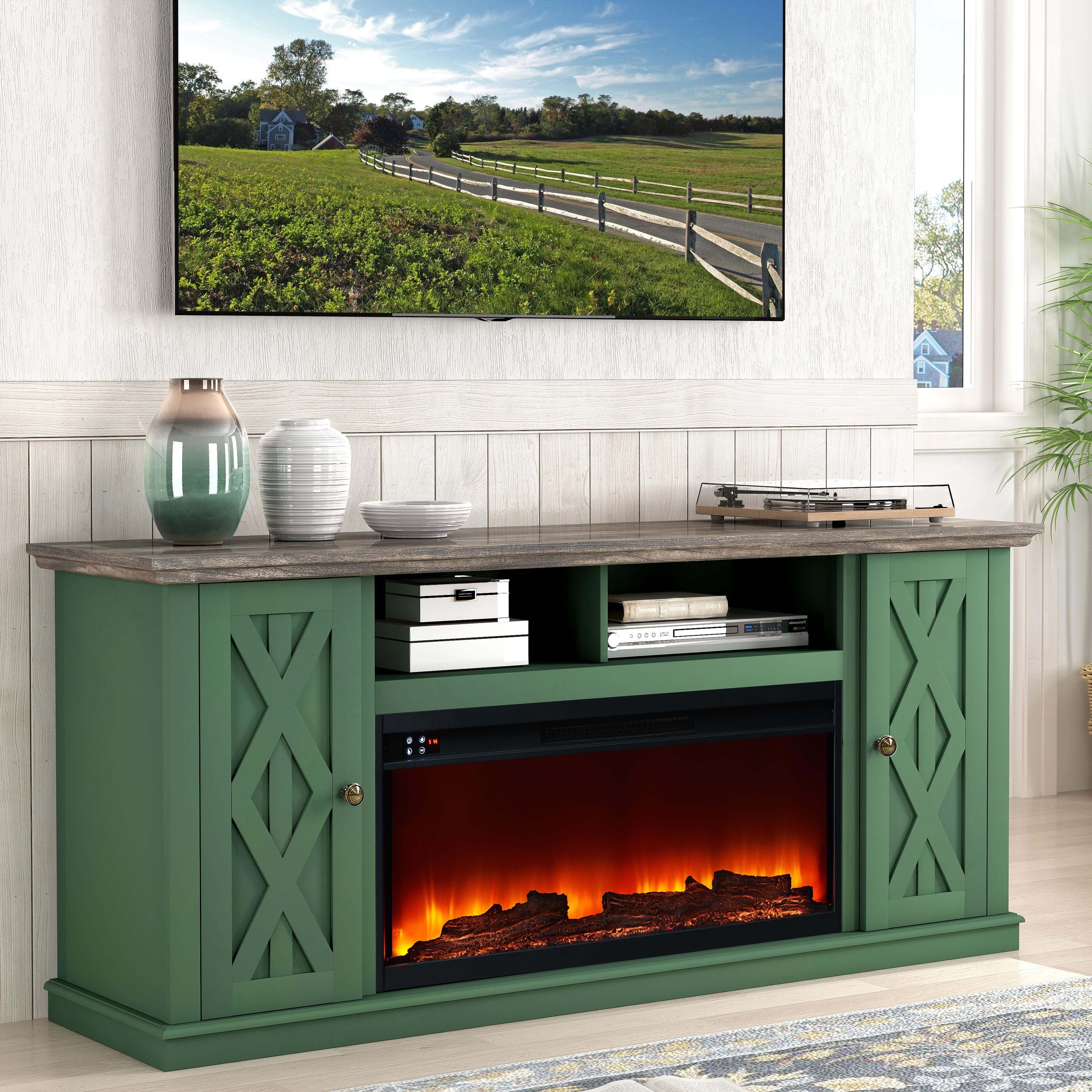Joy River 68" TV Stand with Electric Fireplace, Green/Tan, large