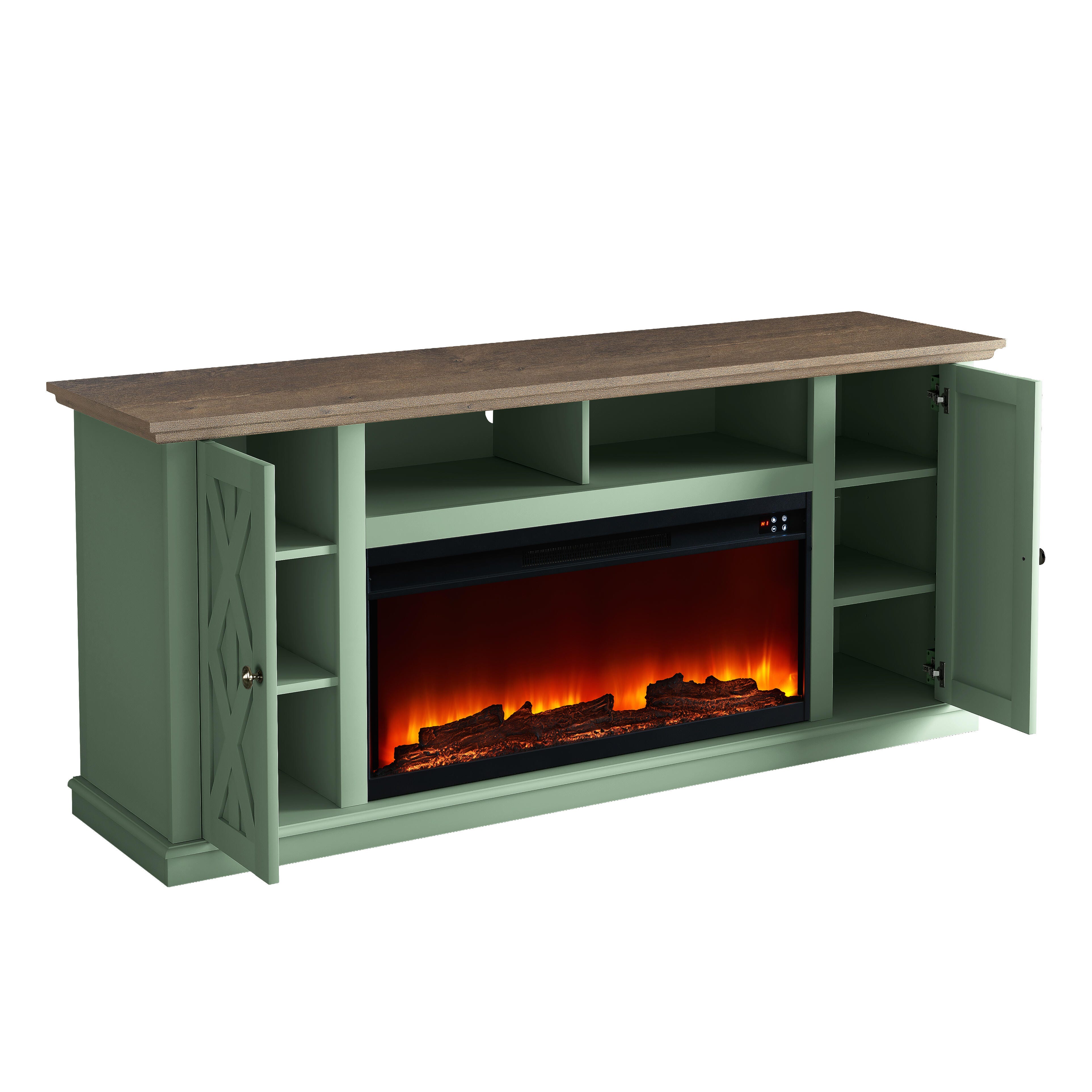 Joy River 68" TV Stand with Electric Fireplace, Green/Tan, large