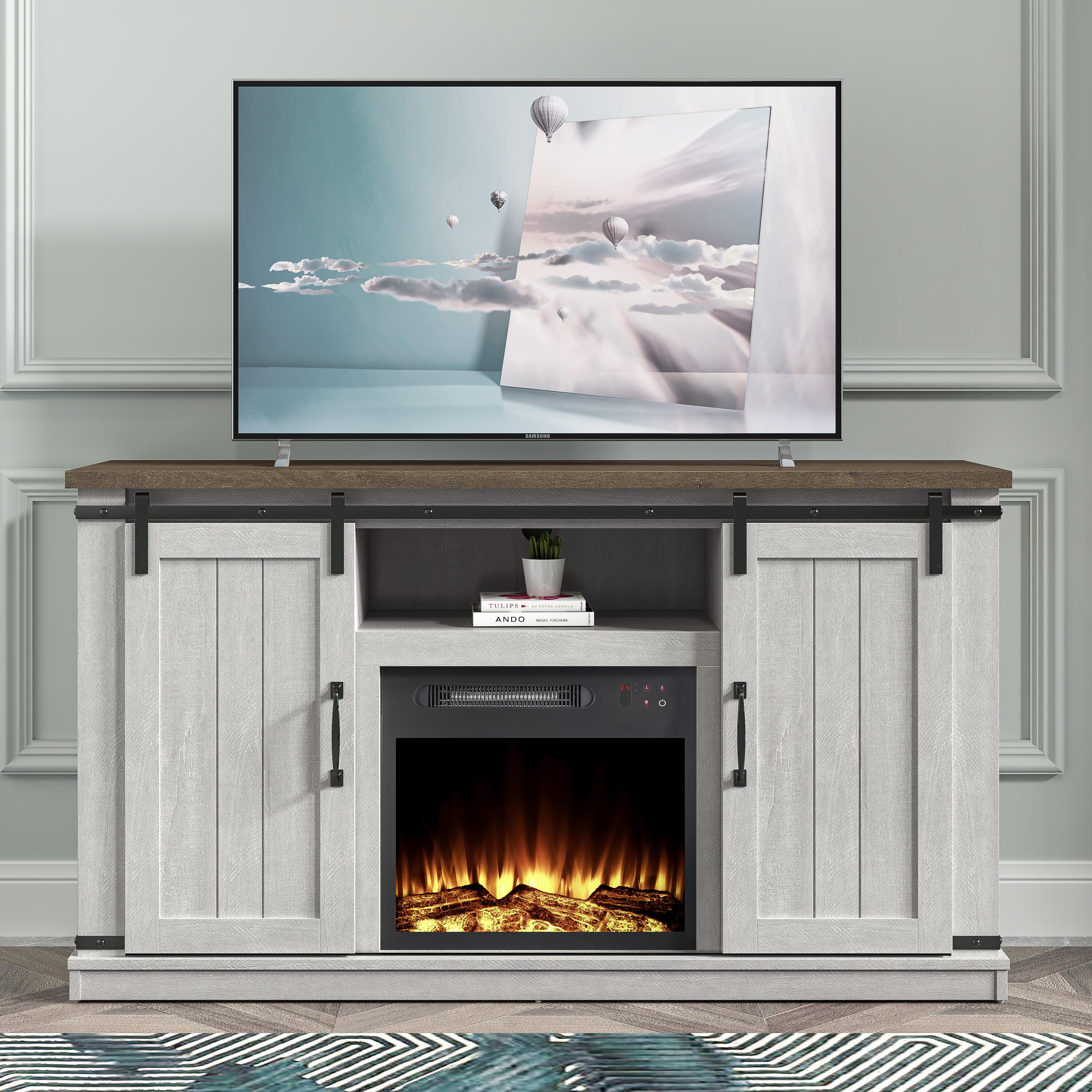 Joy River Solid 54" TV Stand with Electric Fireplace, White/Brown, rollover