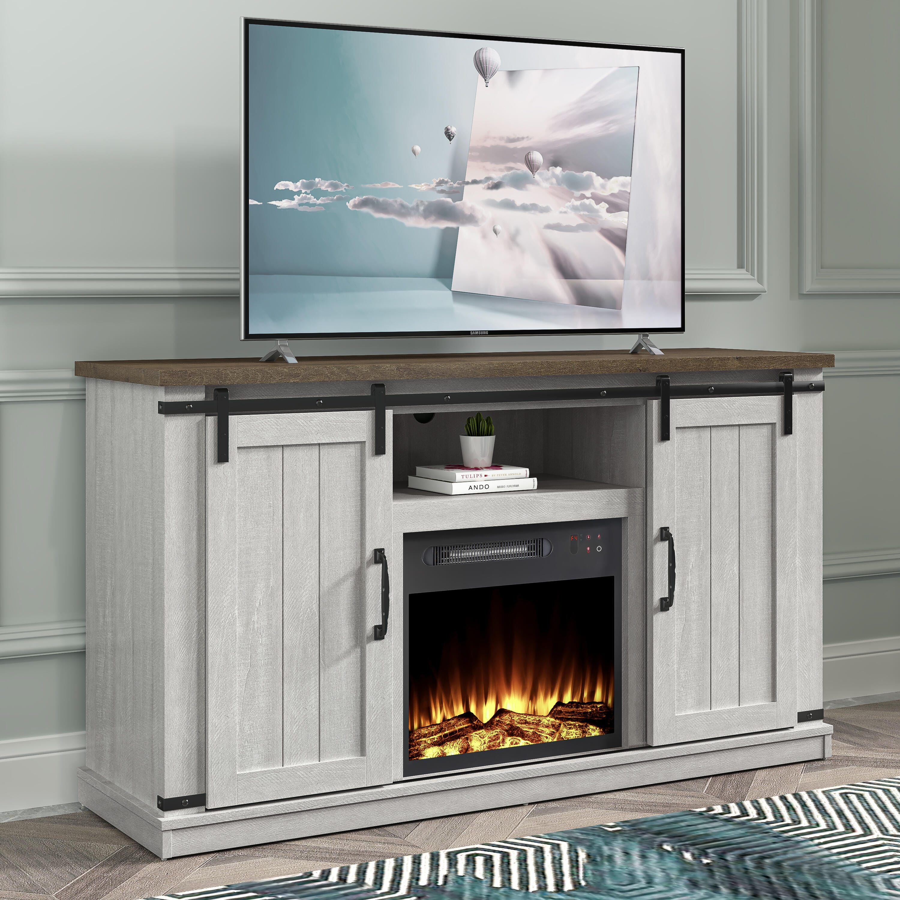 Joy River Solid 54" TV Stand with Electric Fireplace, White/Brown, large