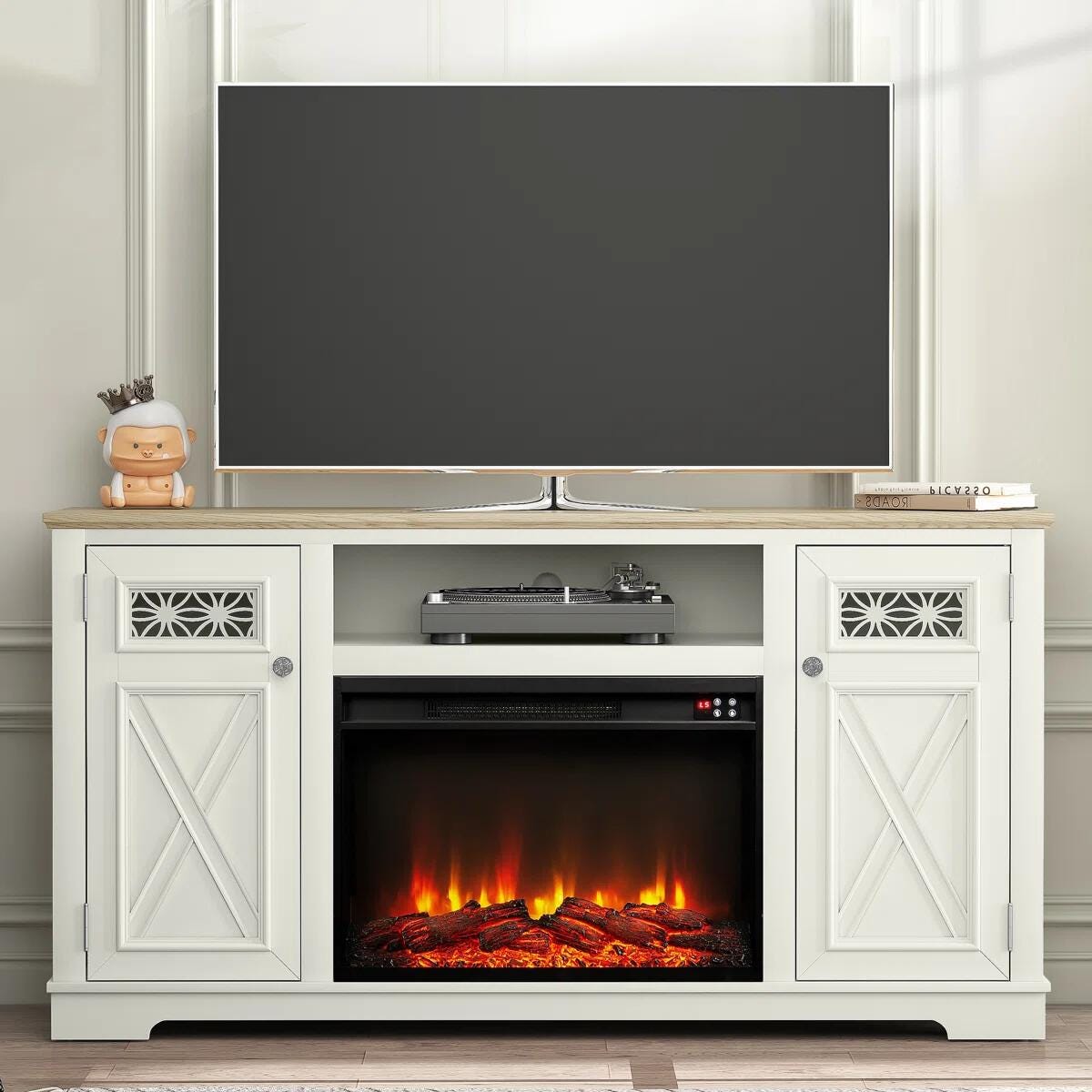 Joy River 61" TV Stand with Electric Fireplace, White/Tan, rollover