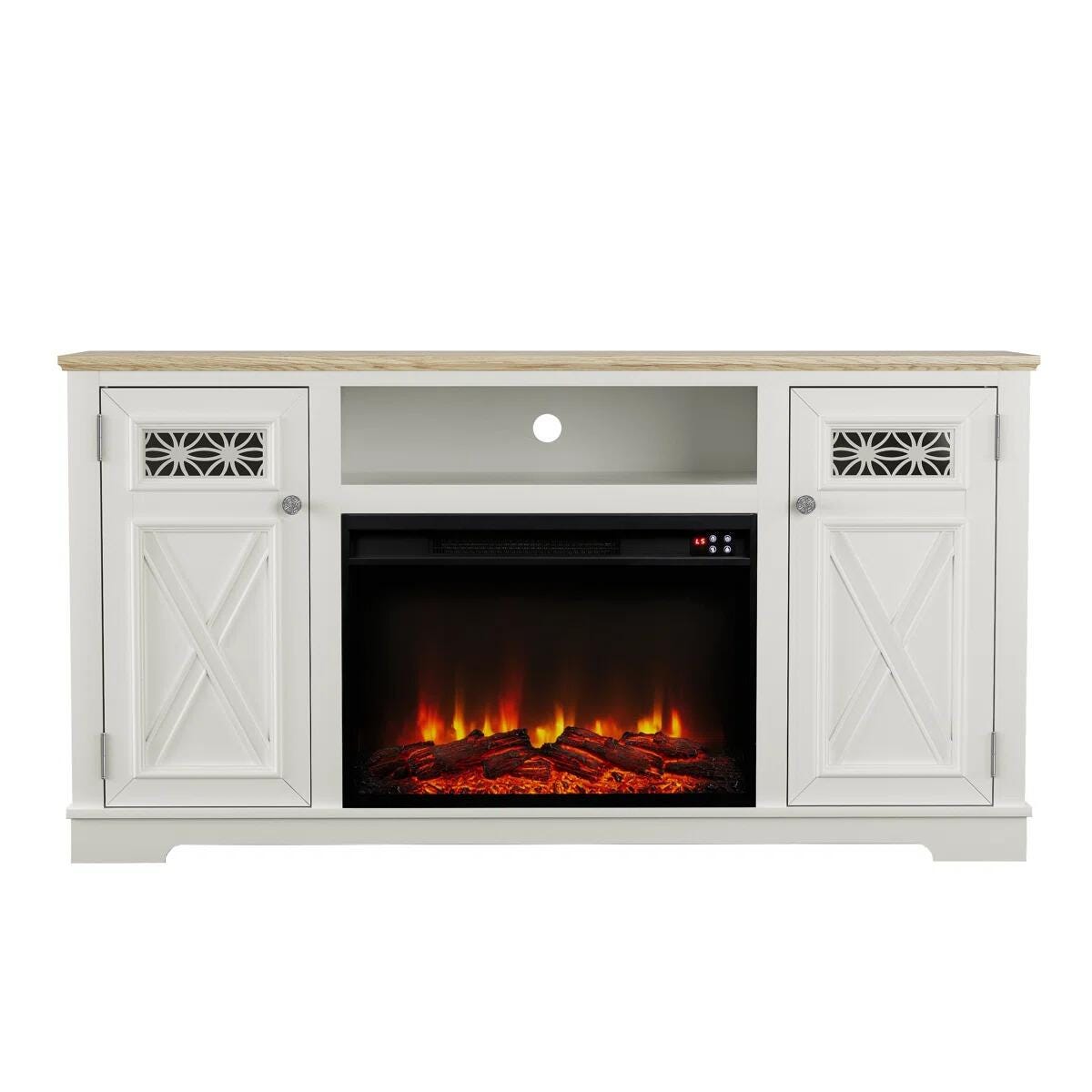 Joy River 61" TV Stand with Electric Fireplace, White/Tan, large