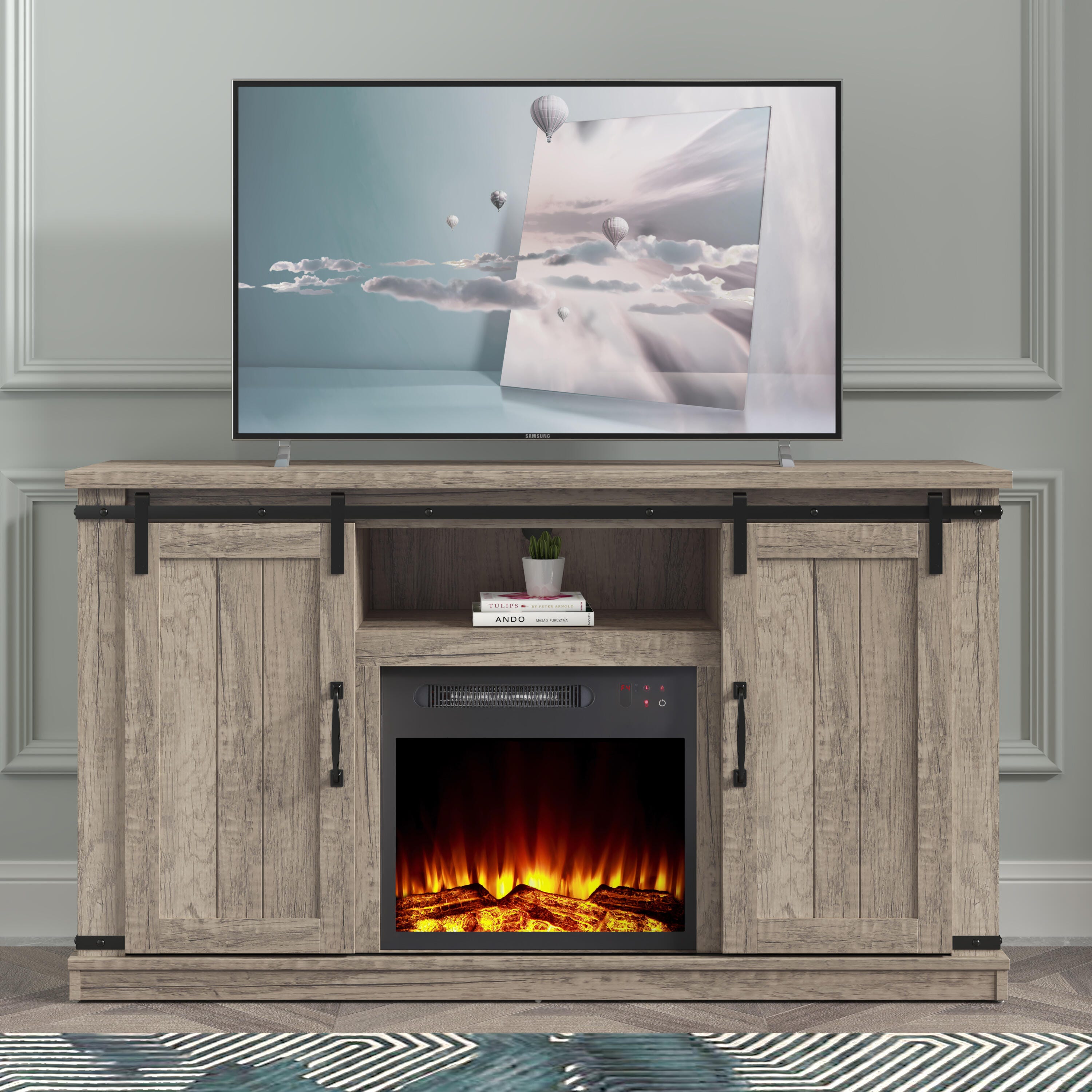Joy River Solid 54" TV Stand with Electric Fireplace, Gray, rollover