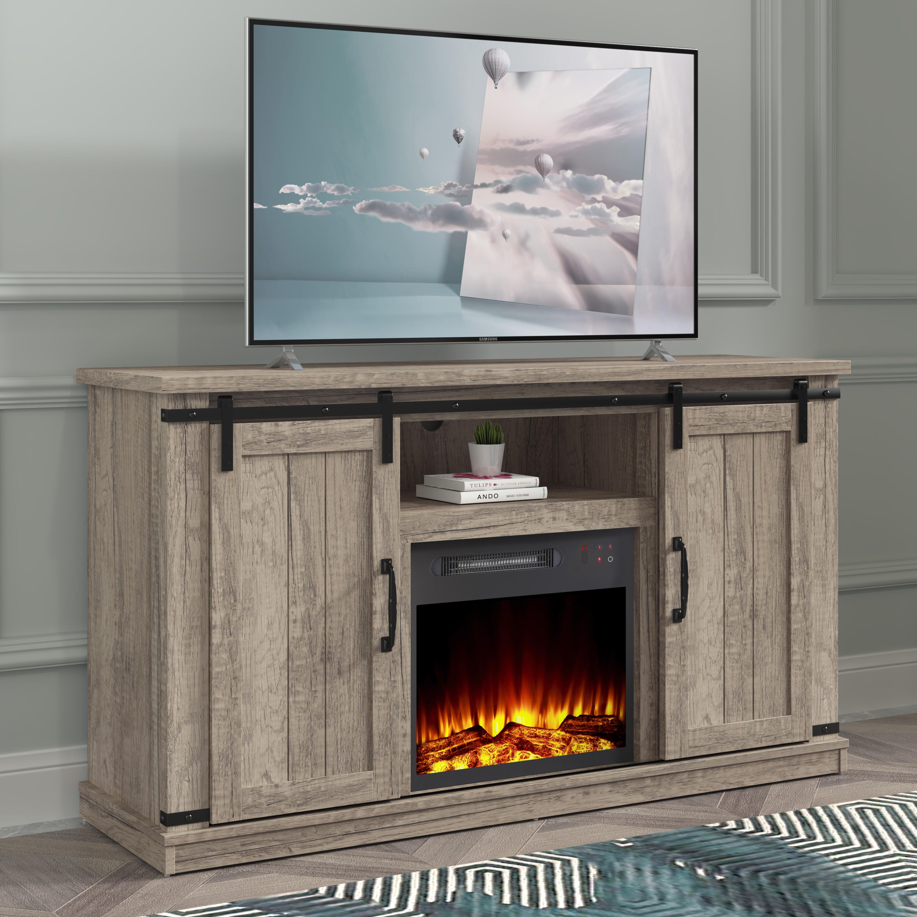 Joy River Solid 54" TV Stand with Electric Fireplace, Gray, large