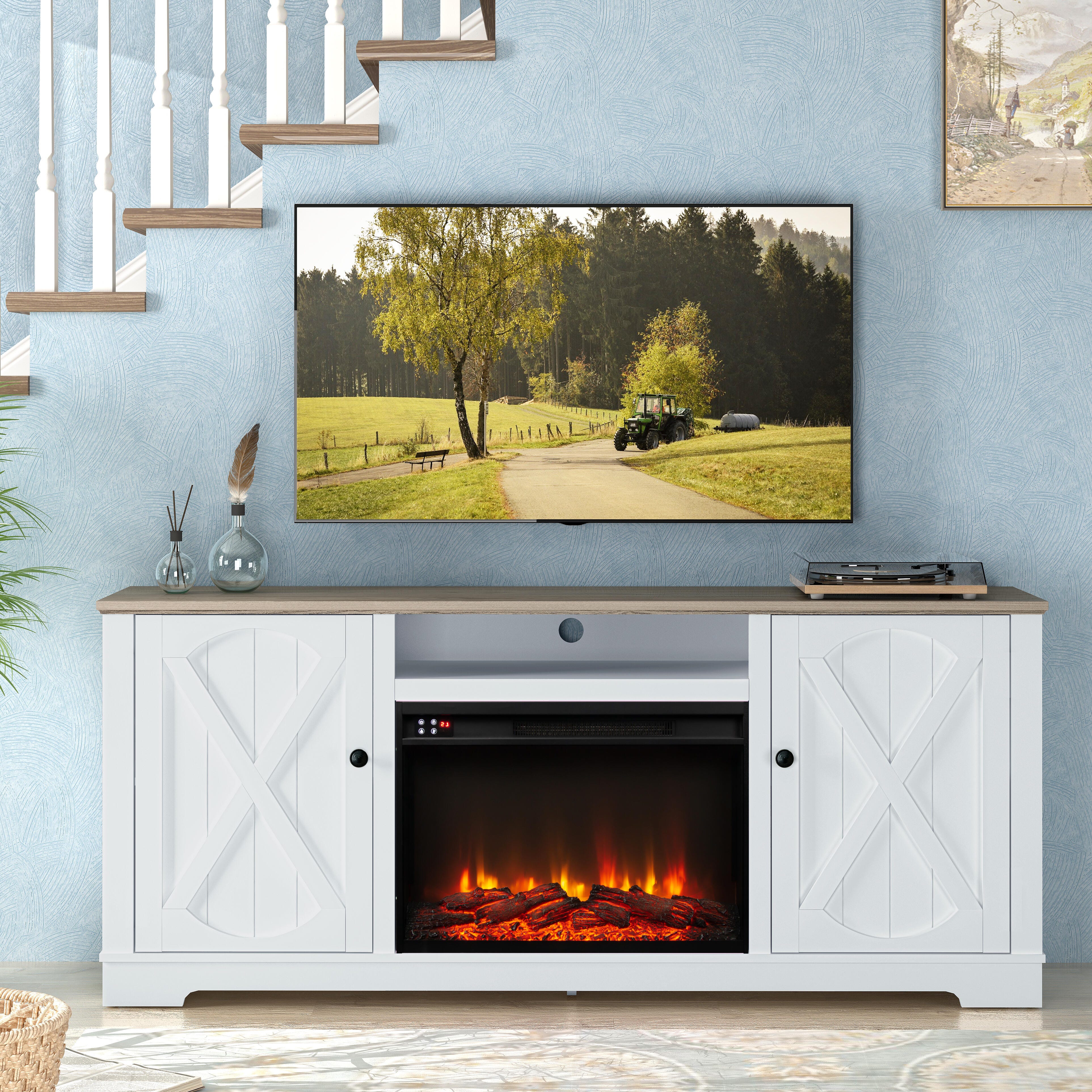 Joy River 70" TV Stand with Electric Fireplace, White/Tan, rollover